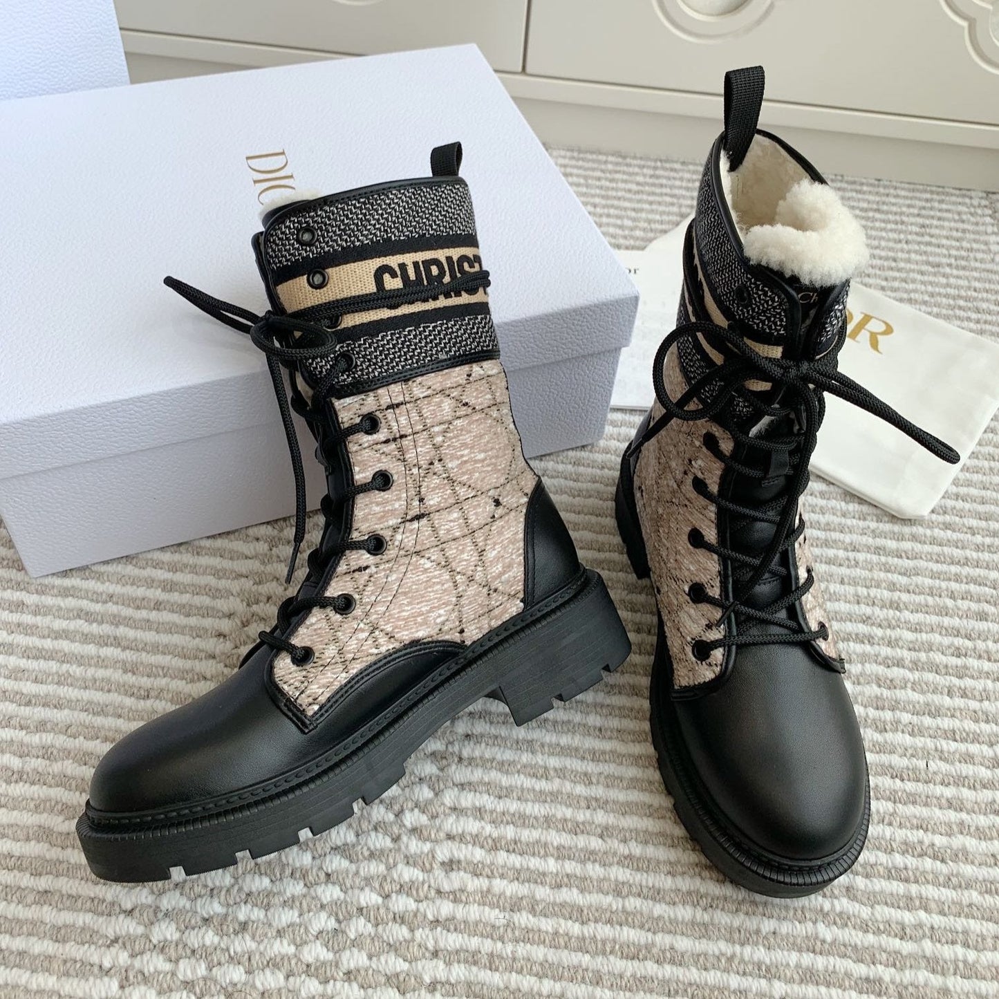 Luxury DiorD-Major Ankle Boot In Dark Beige Mix Black Canvas With Fleece Lining 105072