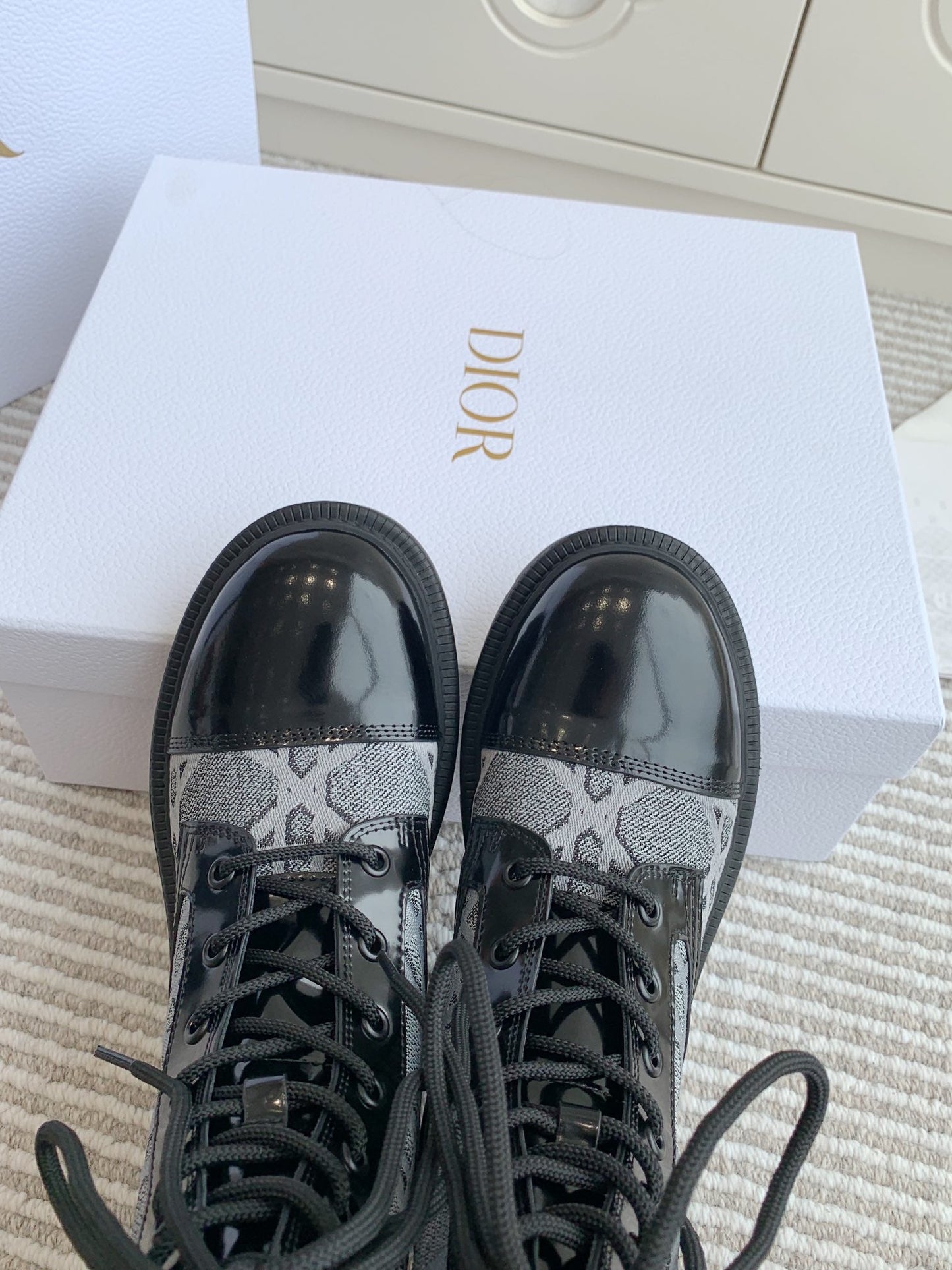 Luxury DiorD-Unit Ankle Boot In Grey Mix Black Denim Fabric And Glossy Cowhide 105084