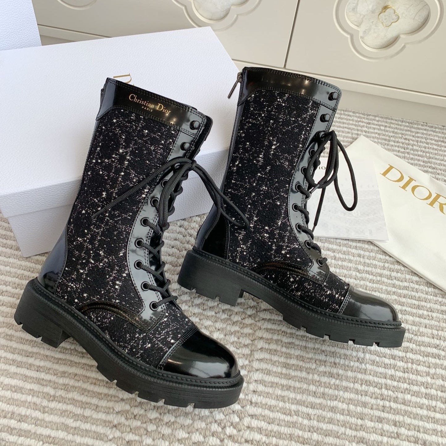 Luxury DiorD-Unit Ankle Boot In Black Tweed Fabric And Glossy Cowhide 105086