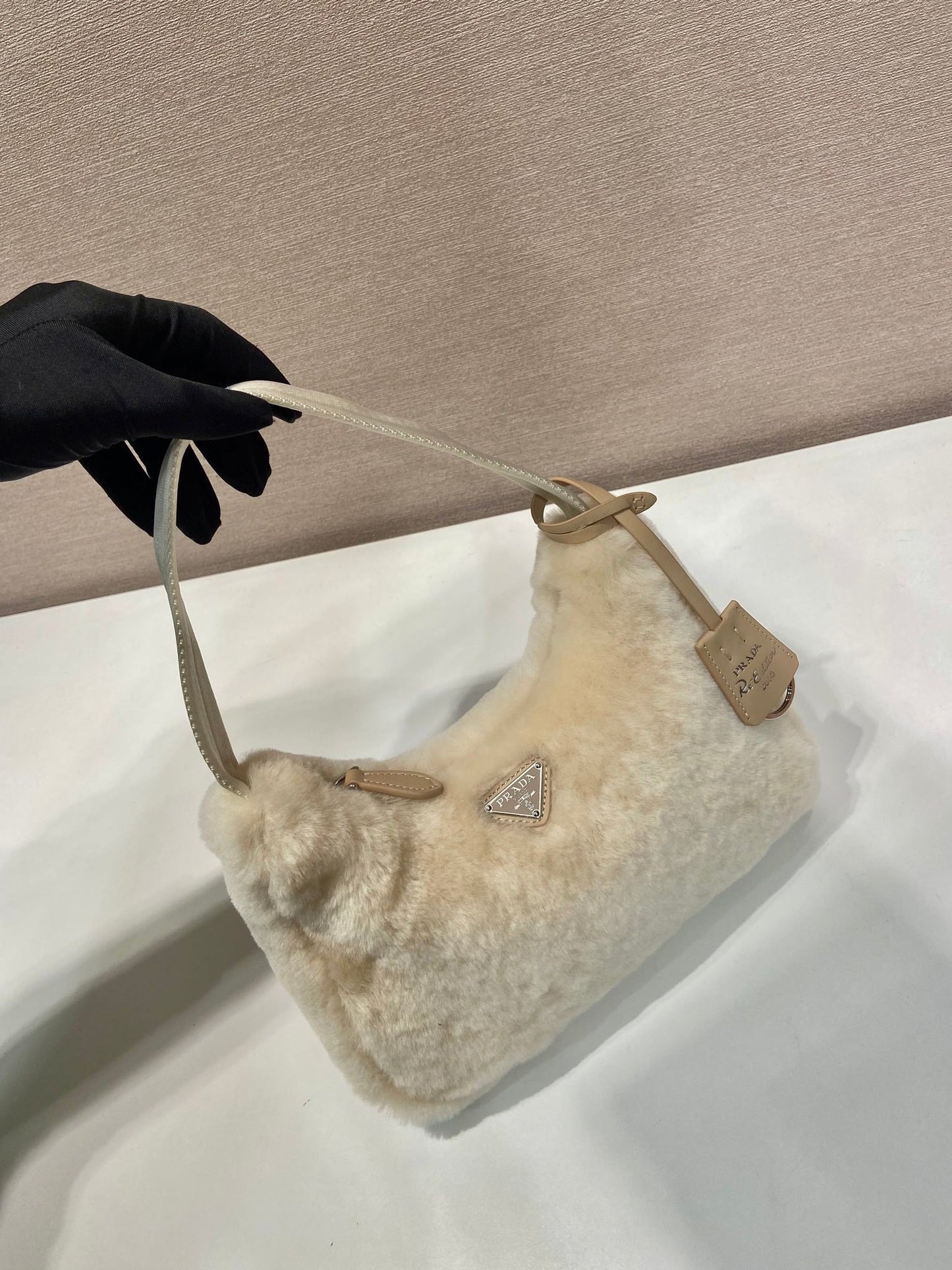 Luxury PradaHOBO BAG 23 IN BEIGE RABBIT FUR