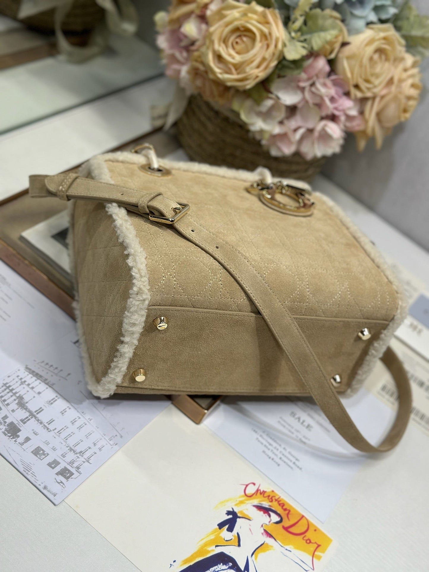 Luxury DiorLady 24 Camel Cowhide And Fur Gold Hardware