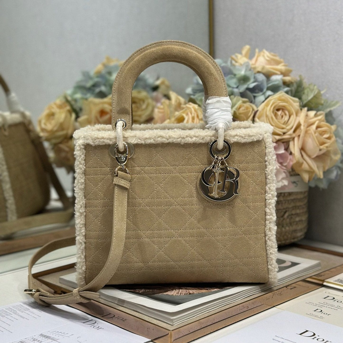 Luxury DiorLady 24 Camel Cowhide And Fur Gold Hardware