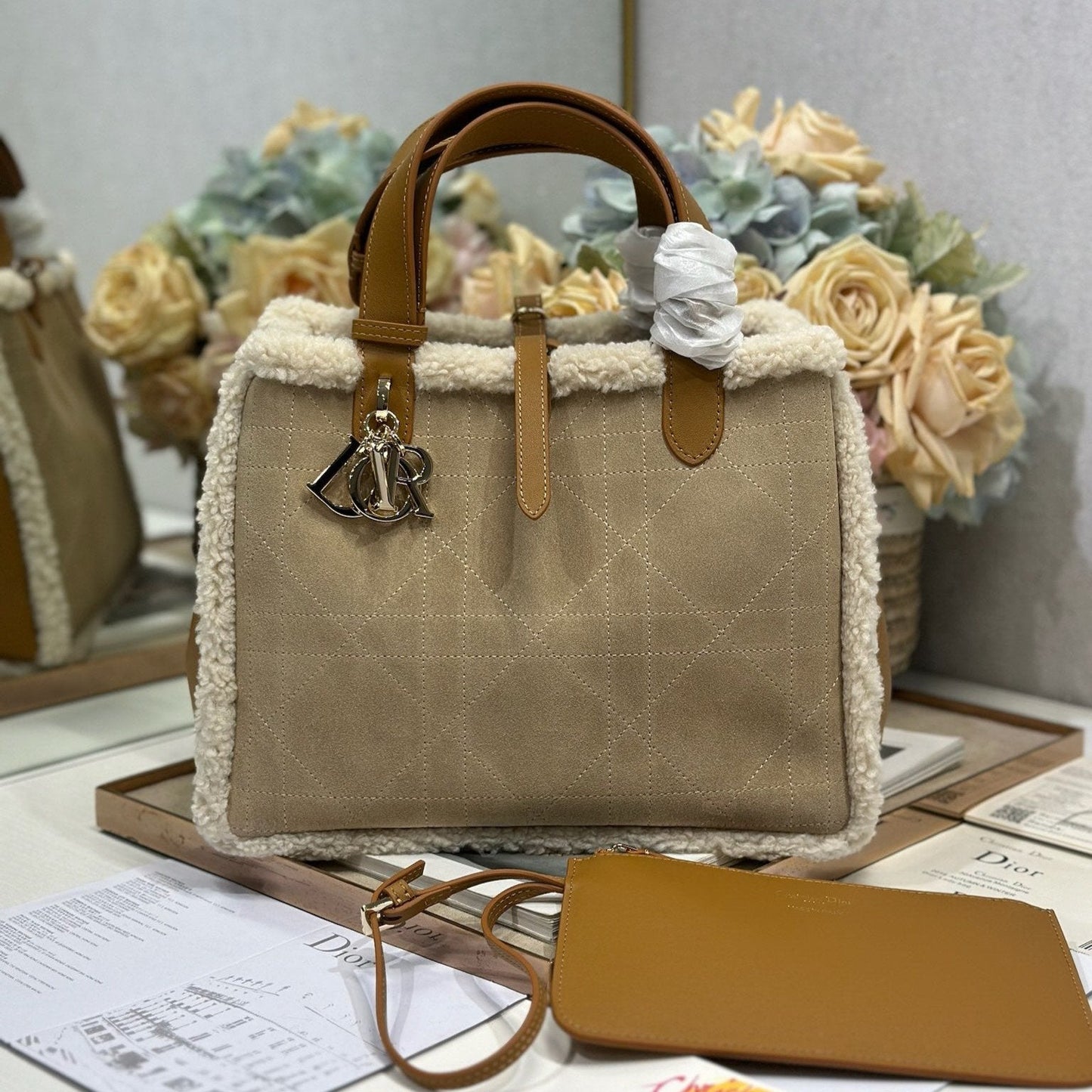 Luxury DiorToujours 28.5 Camel Brown Cowhide And Fur Gold Hardware