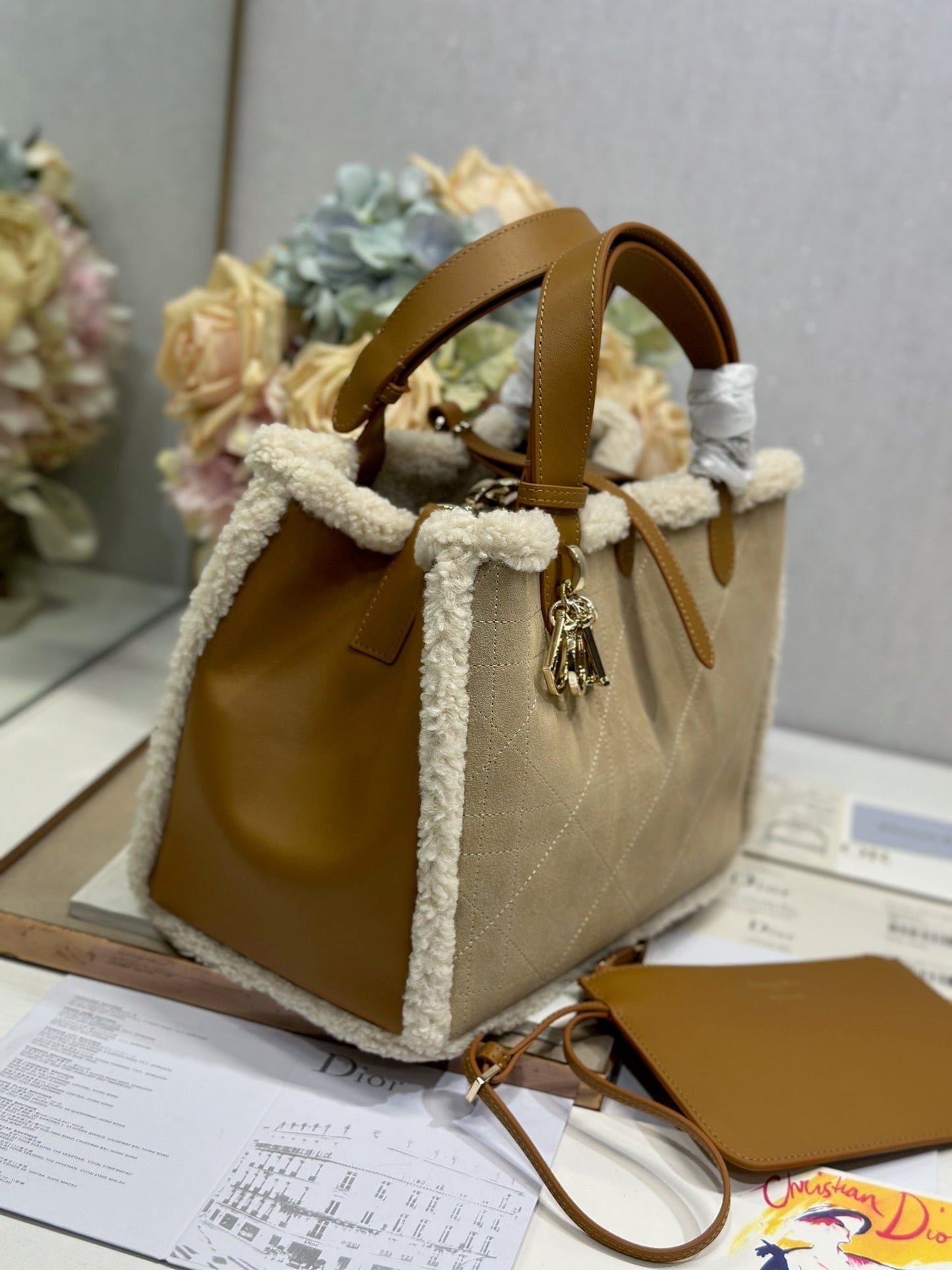 Luxury DiorToujours 28.5 Camel Brown Cowhide And Fur Gold Hardware
