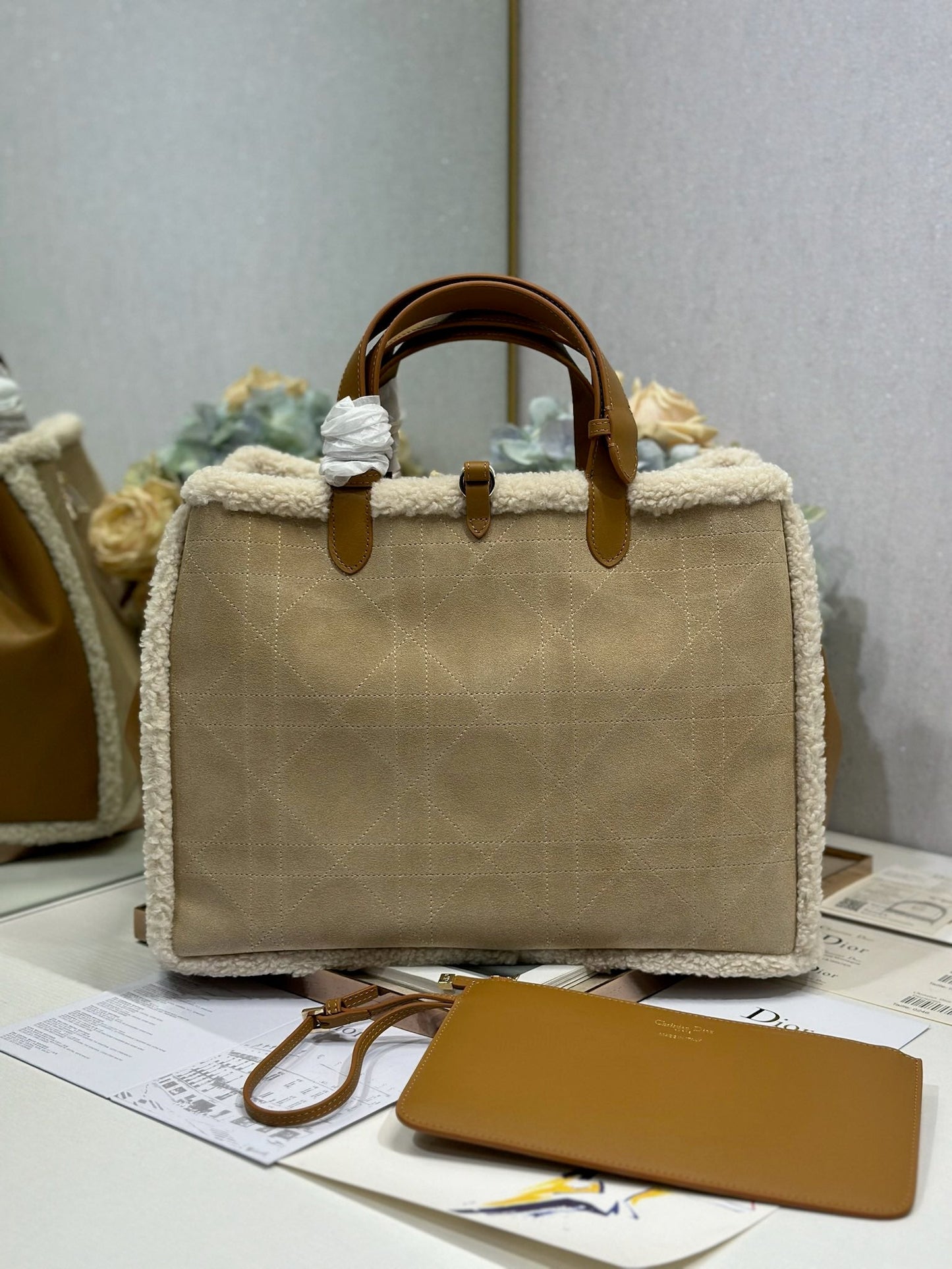 Luxury DiorToujours 37 Camel Brown Cowhide And Fur Gold Hardware
