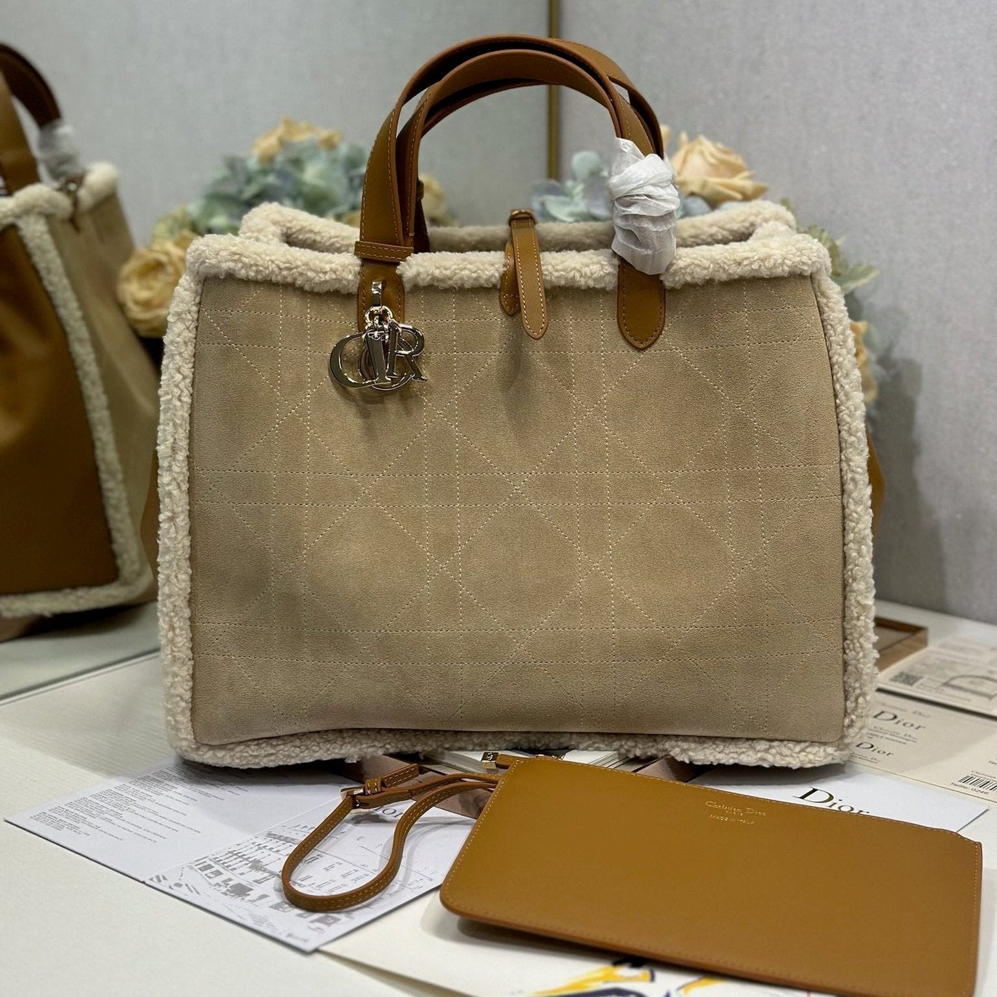 Luxury DiorToujours 37 Camel Brown Cowhide And Fur Gold Hardware