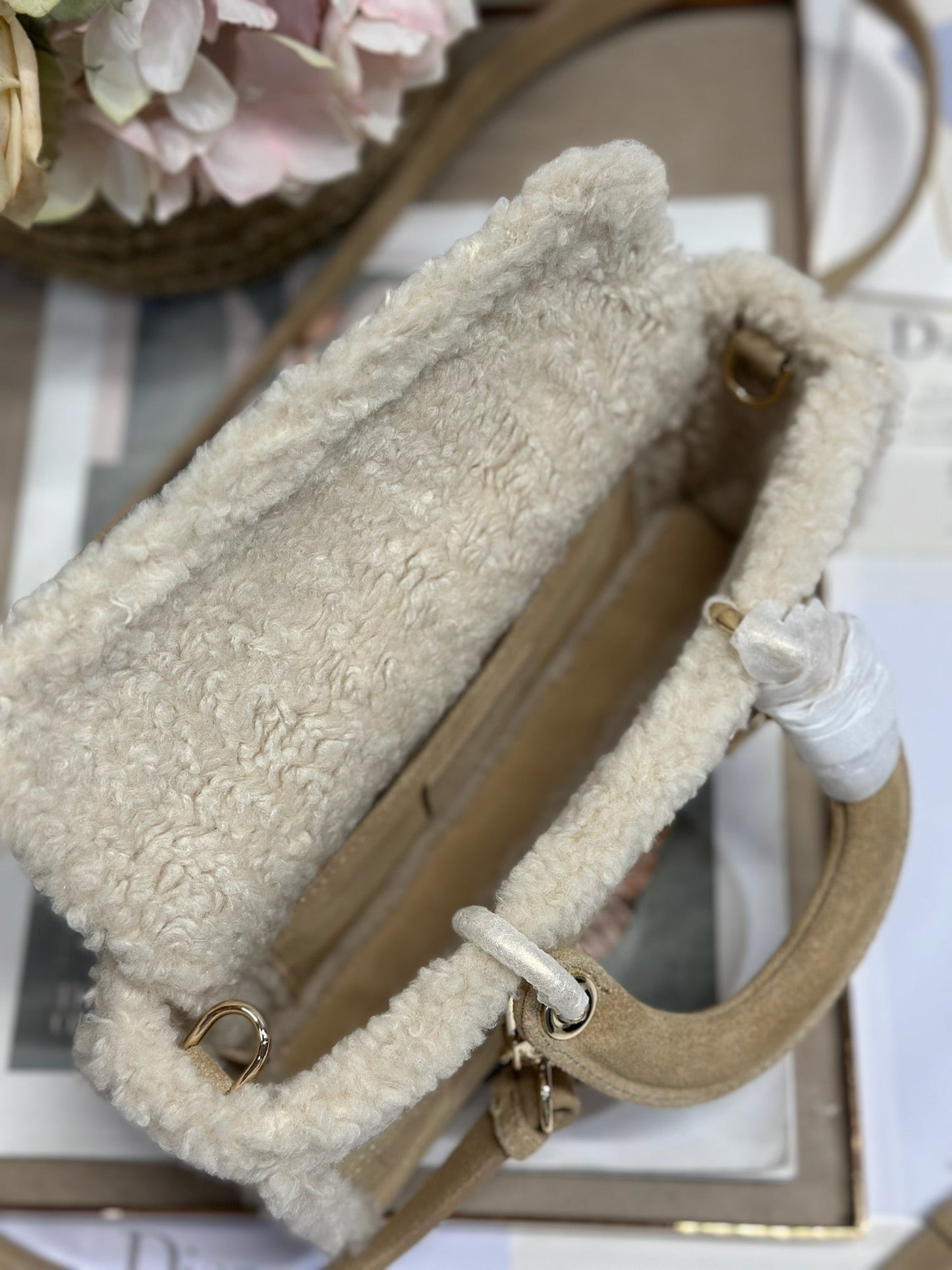 Luxury DiorLady D-Joy 22.5 Camel Cowhide And Fur Gold Hardware