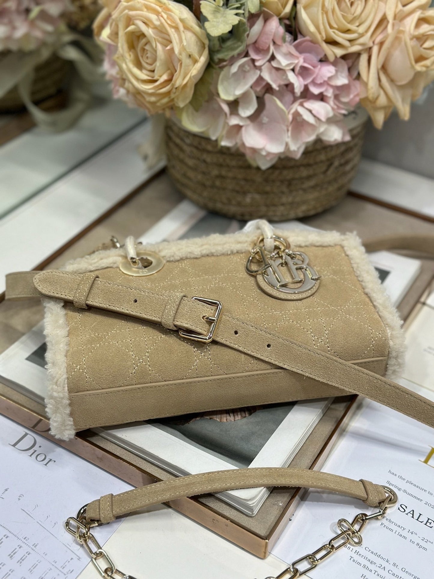Luxury DiorLady D-Joy 22.5 Camel Cowhide And Fur Gold Hardware