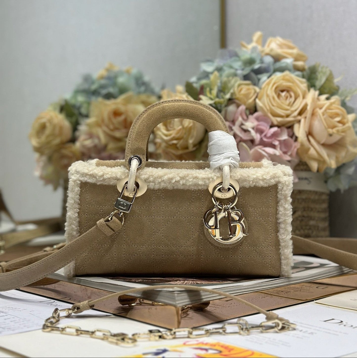 Luxury DiorLady D-Joy 22.5 Camel Cowhide And Fur Gold Hardware