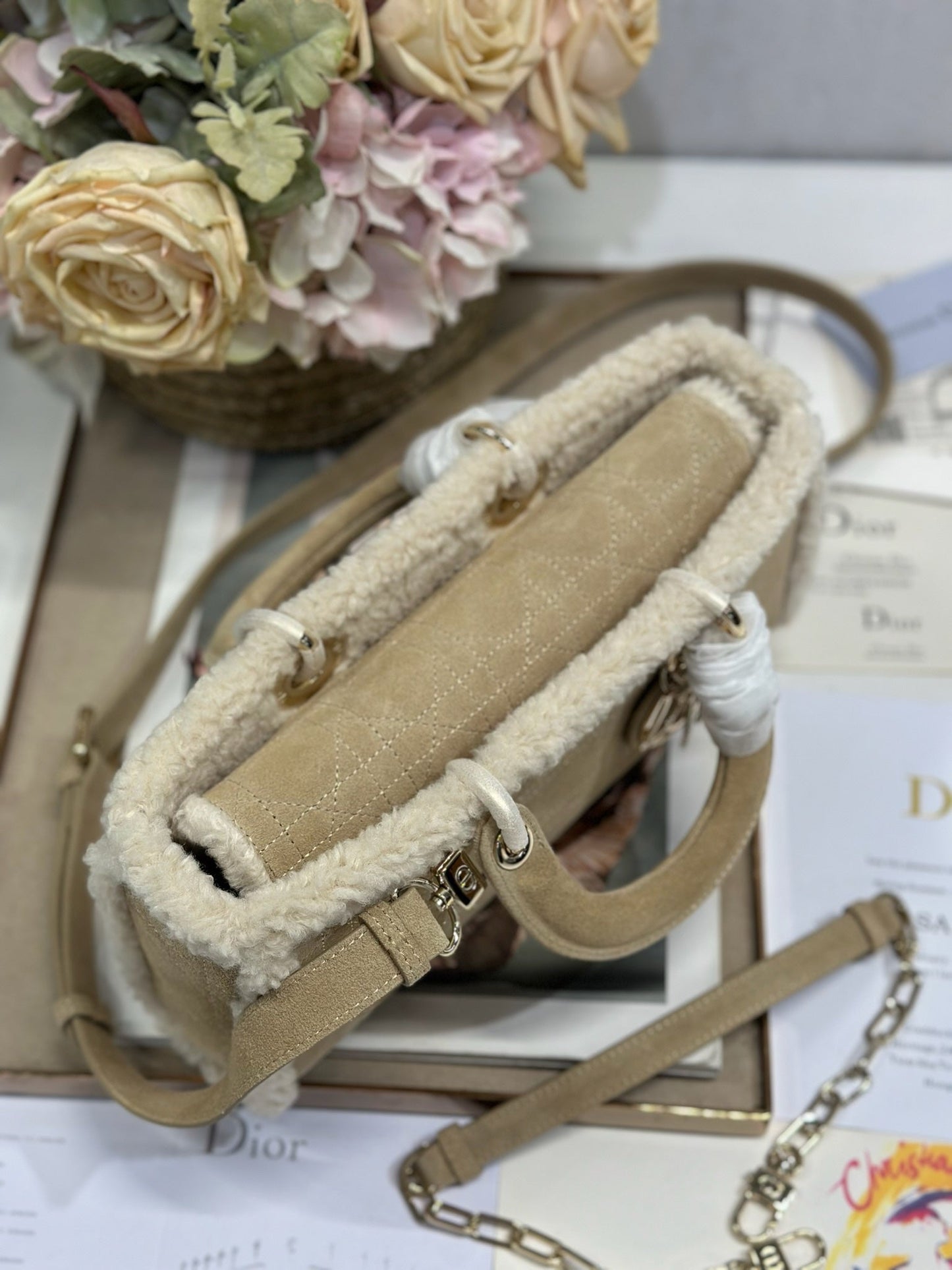 Luxury DiorLady D-Joy 26 Camel Cowhide And Fur Gold Hardware