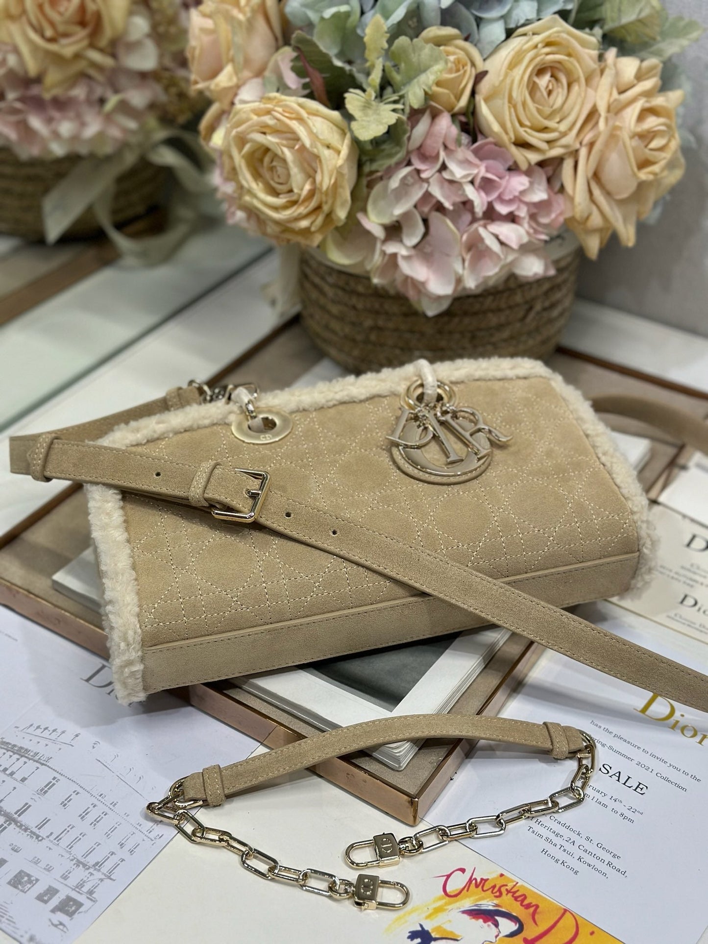 Luxury DiorLady D-Joy 26 Camel Cowhide And Fur Gold Hardware