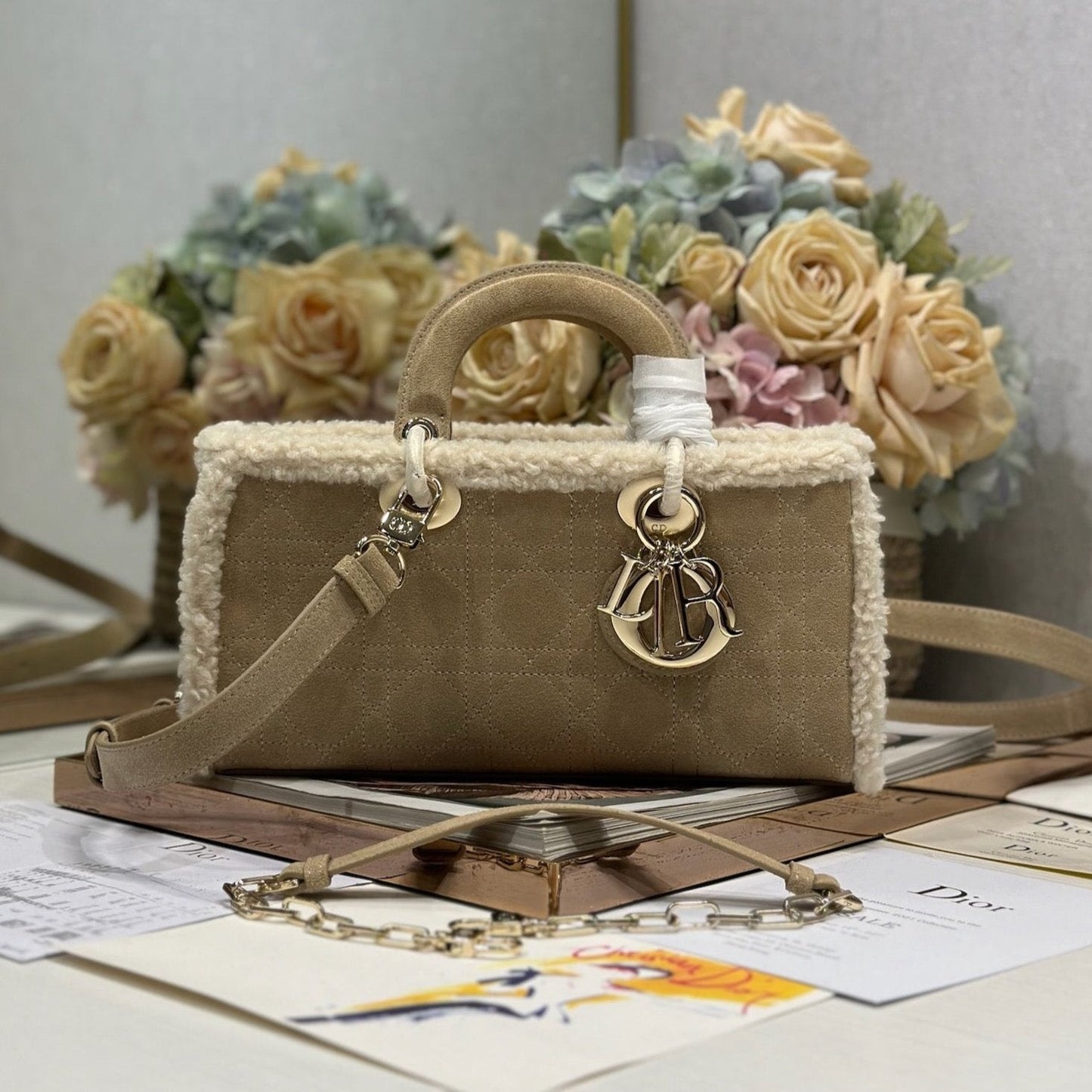 Luxury DiorLady D-Joy 26 Camel Cowhide And Fur Gold Hardware