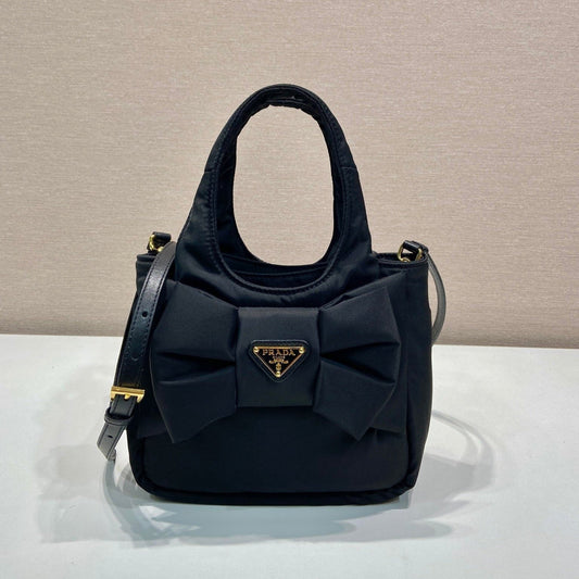 Luxury PradaMINI BOW TOTE BAG 18 IN BLACK PADDED NYLON FABRIC