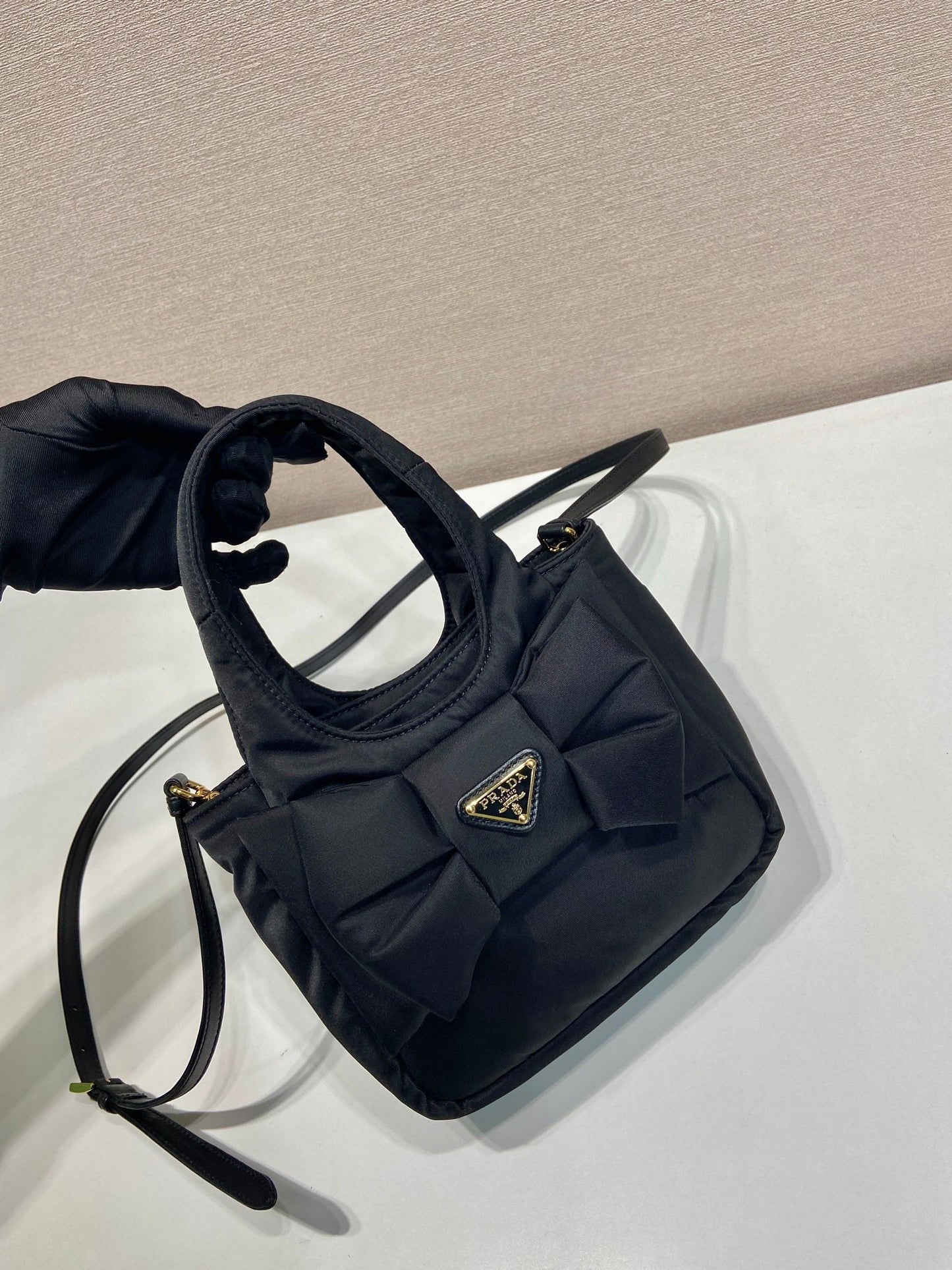 Luxury PradaMINI BOW TOTE BAG 18 IN BLACK PADDED NYLON FABRIC