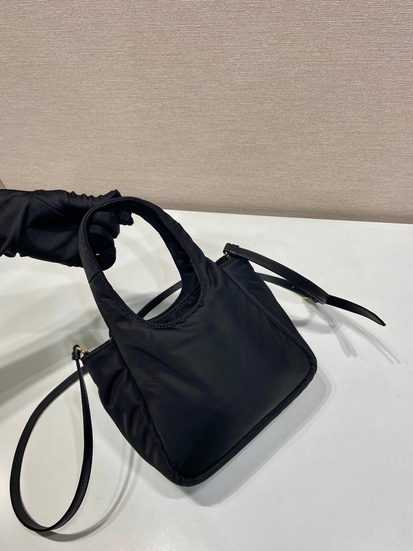 Luxury PradaMINI BOW TOTE BAG 18 IN BLACK PADDED NYLON FABRIC