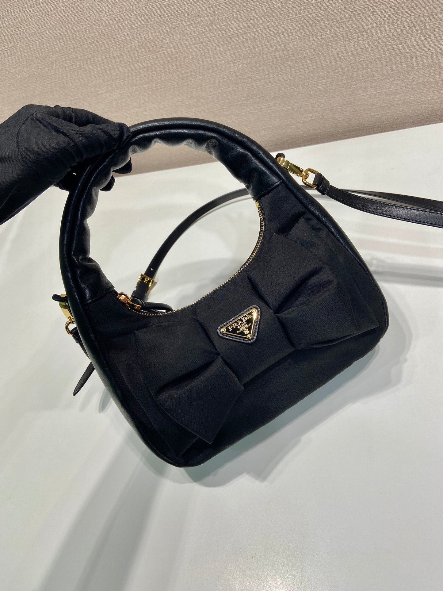 Luxury PradaBOW HOBO BAG 22 IN BLACK RE-NYLON AND LAMBSKIN