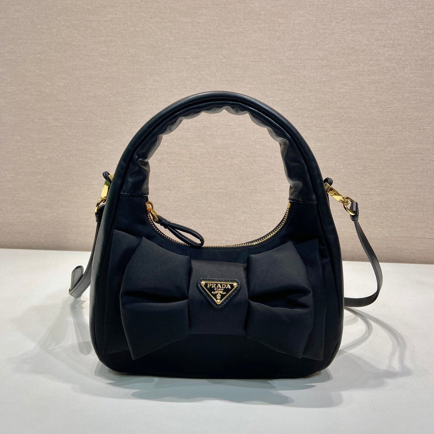 Luxury PradaBOW HOBO BAG 22 IN BLACK RE-NYLON AND LAMBSKIN
