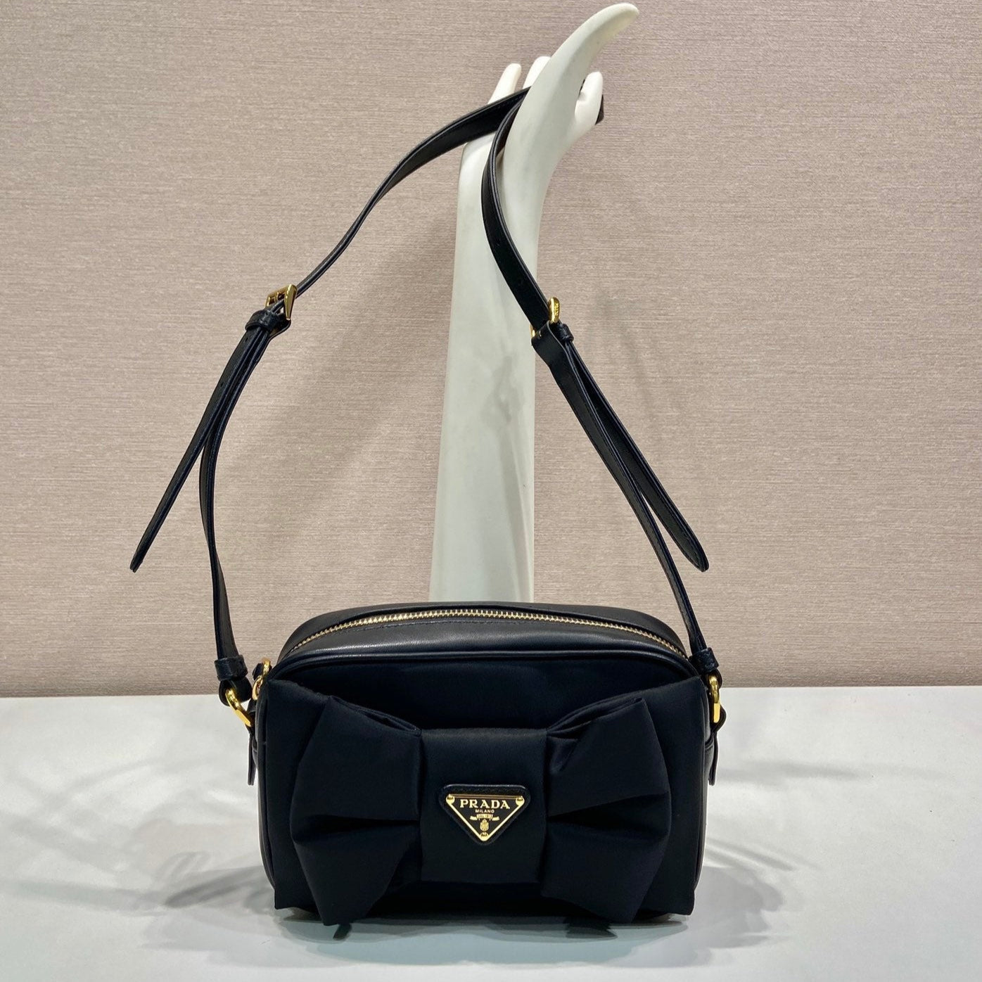 Luxury PradaBOW BAG 18 IN BLACK RE-NYLON AND LAMBSKIN
