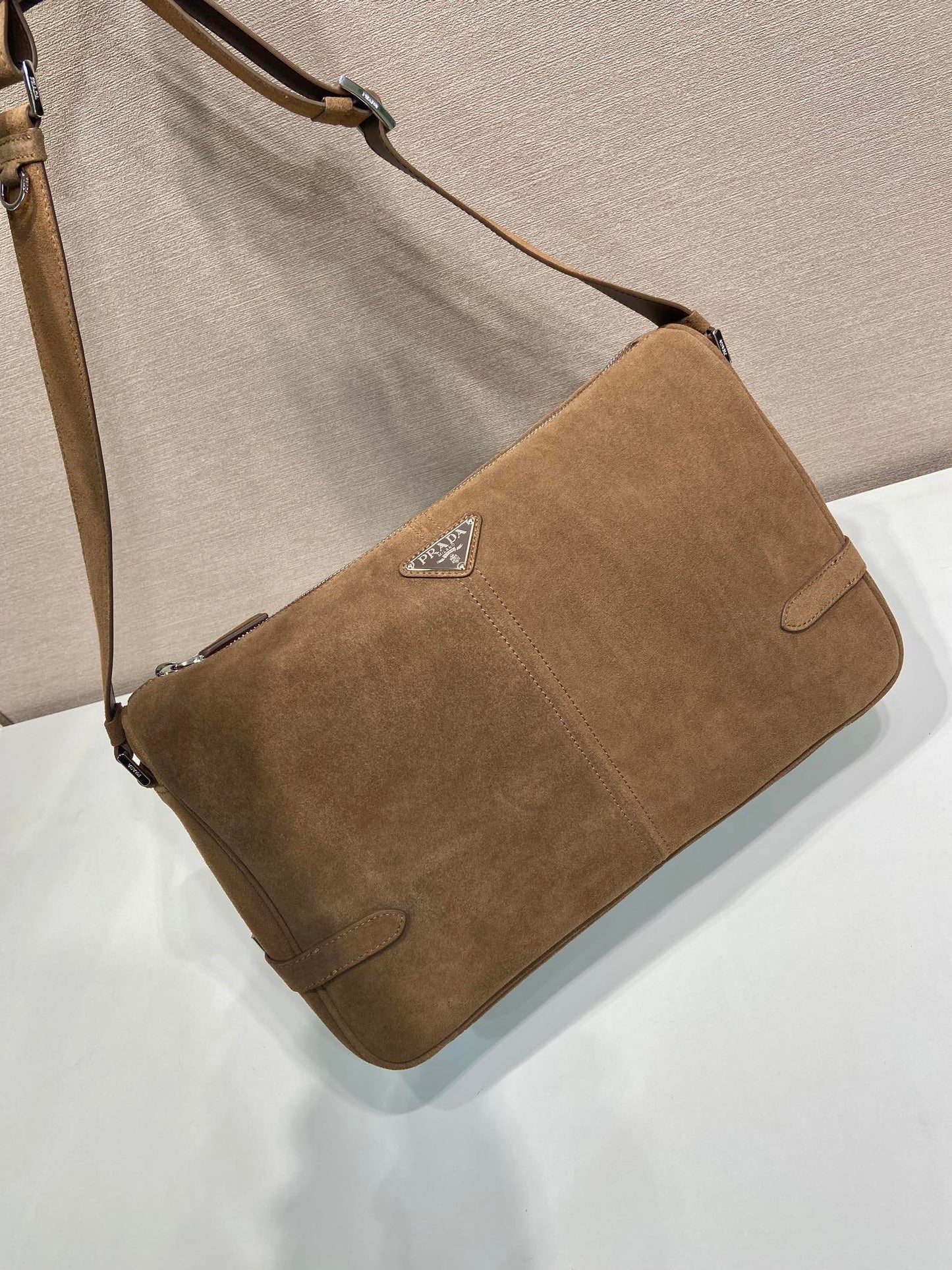 Luxury PradaHOBO BAG 35 IN GINGERBREAD SUEDE SILVER LOGO