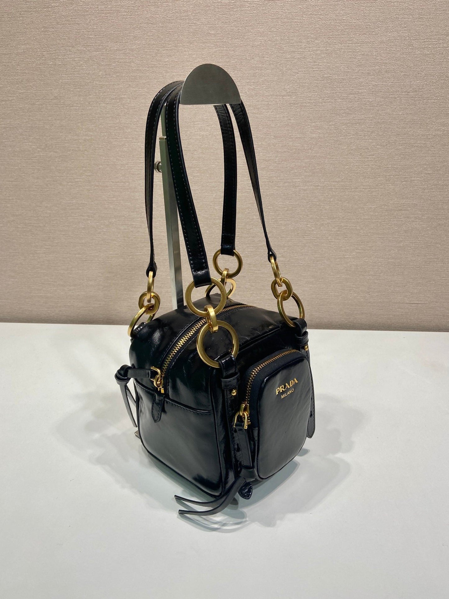 Luxury PradaSMALL RECTANGULAR BAG 14 IN BLACK OIL WAX LAMBSKIN GOLD HARDWARE