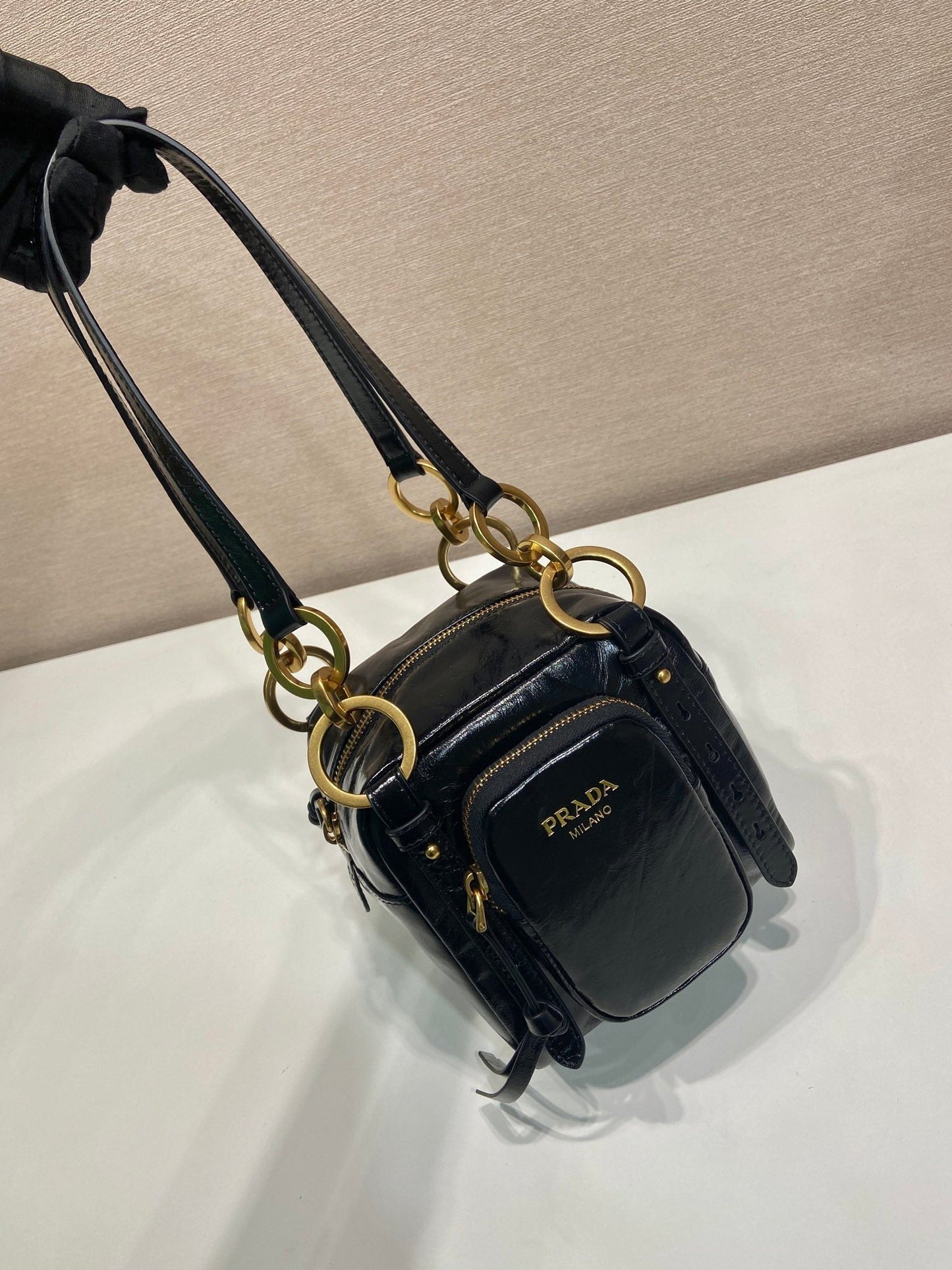 Luxury PradaSMALL RECTANGULAR BAG 14 IN BLACK OIL WAX LAMBSKIN GOLD HARDWARE