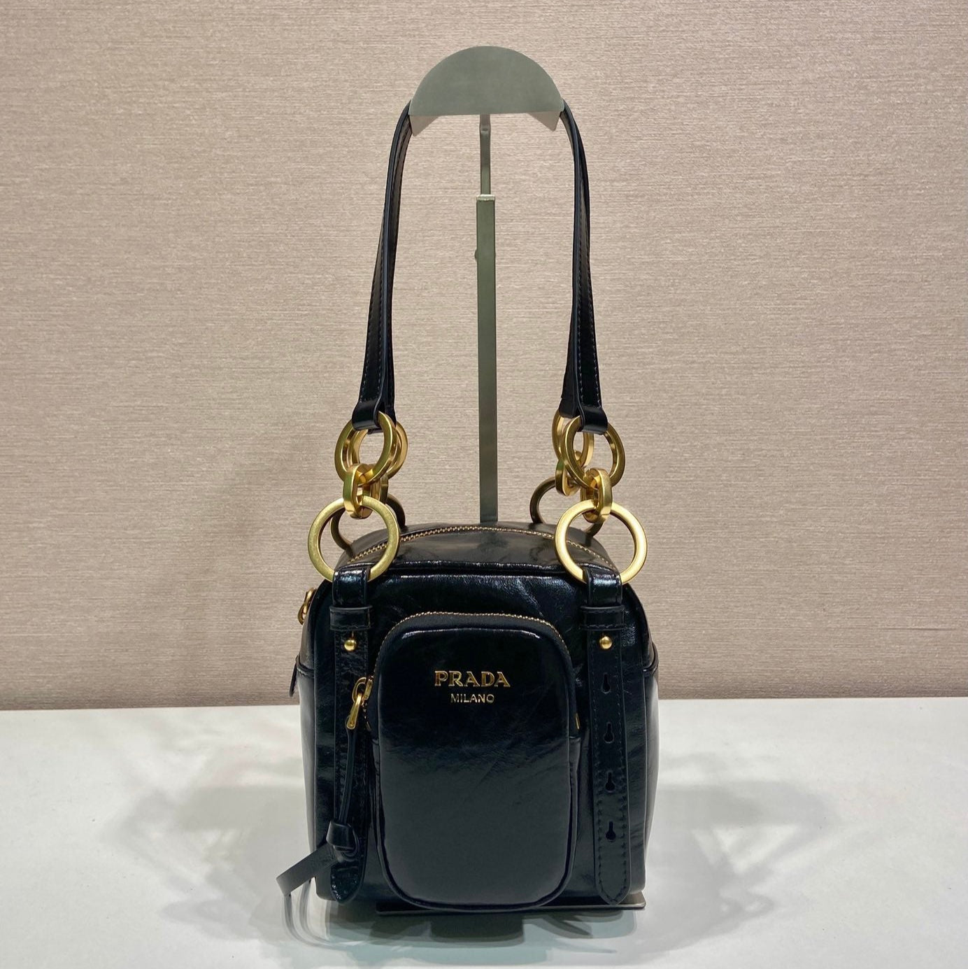 Luxury PradaSMALL RECTANGULAR BAG 14 IN BLACK OIL WAX LAMBSKIN GOLD HARDWARE