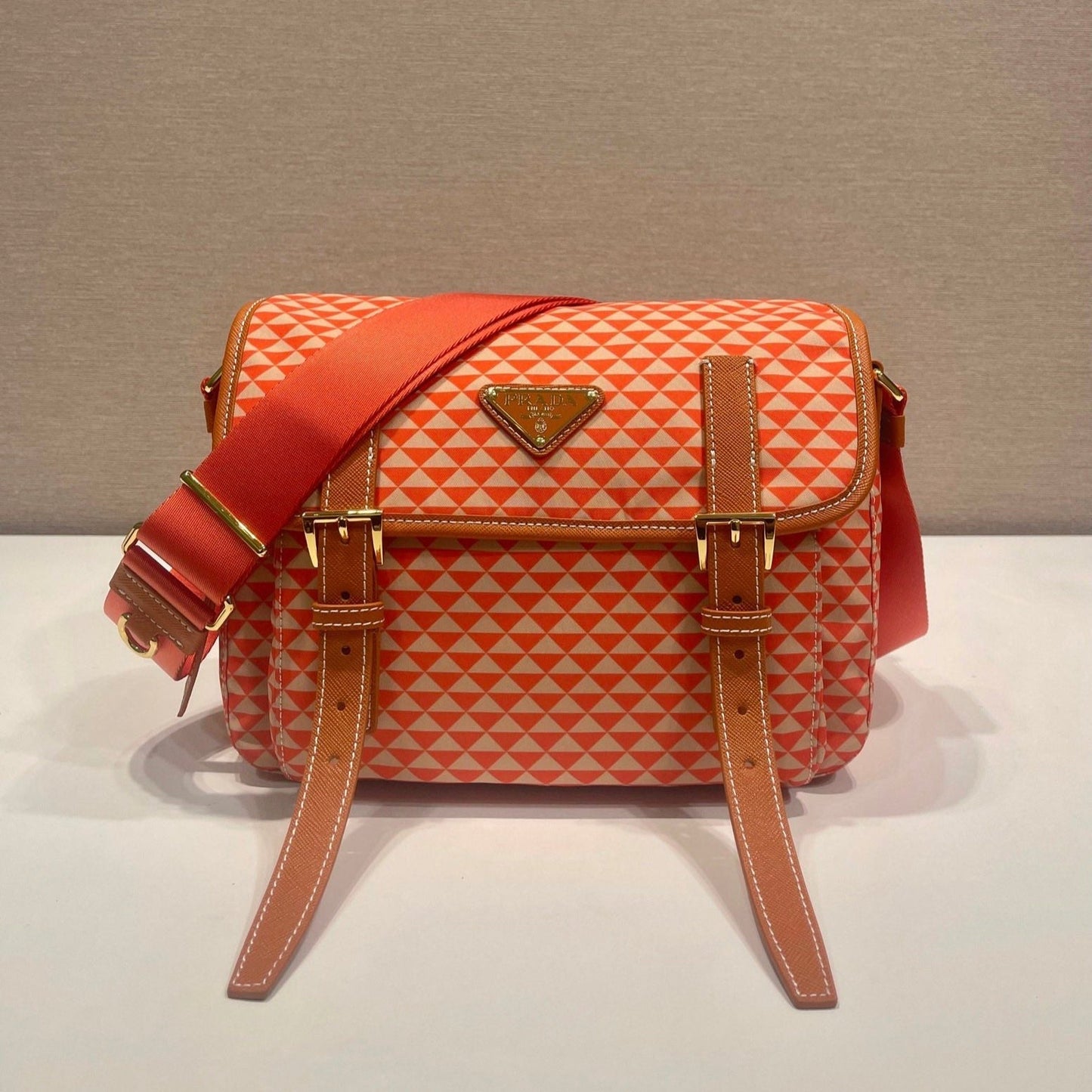 Luxury PradaMESSENGER BAG 25 IN ORANGE MIX CREAM TRIANGLE PATTERN EMBROIDERED FABRIC