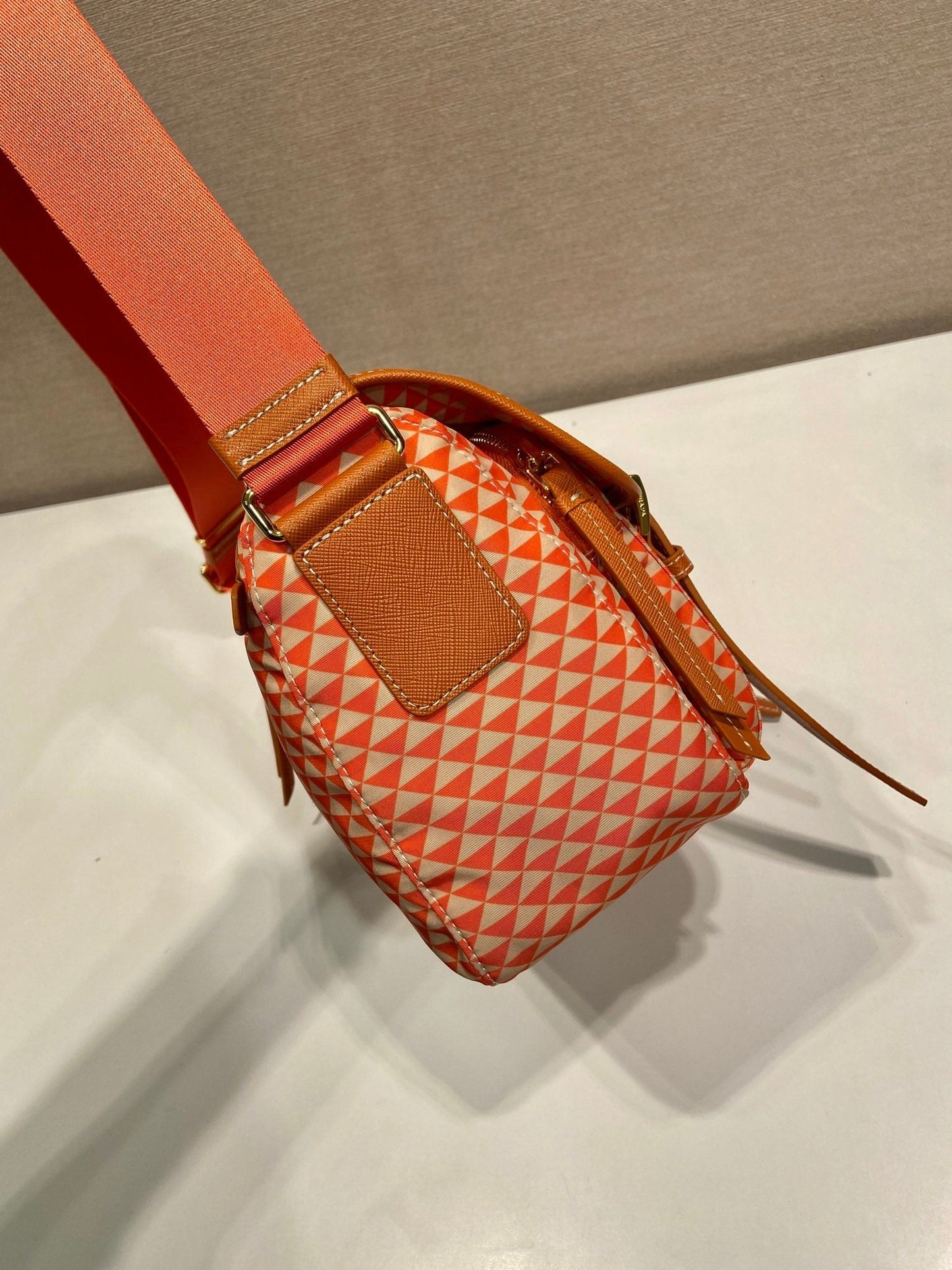 Luxury PradaMESSENGER BAG 25 IN ORANGE MIX CREAM TRIANGLE PATTERN EMBROIDERED FABRIC