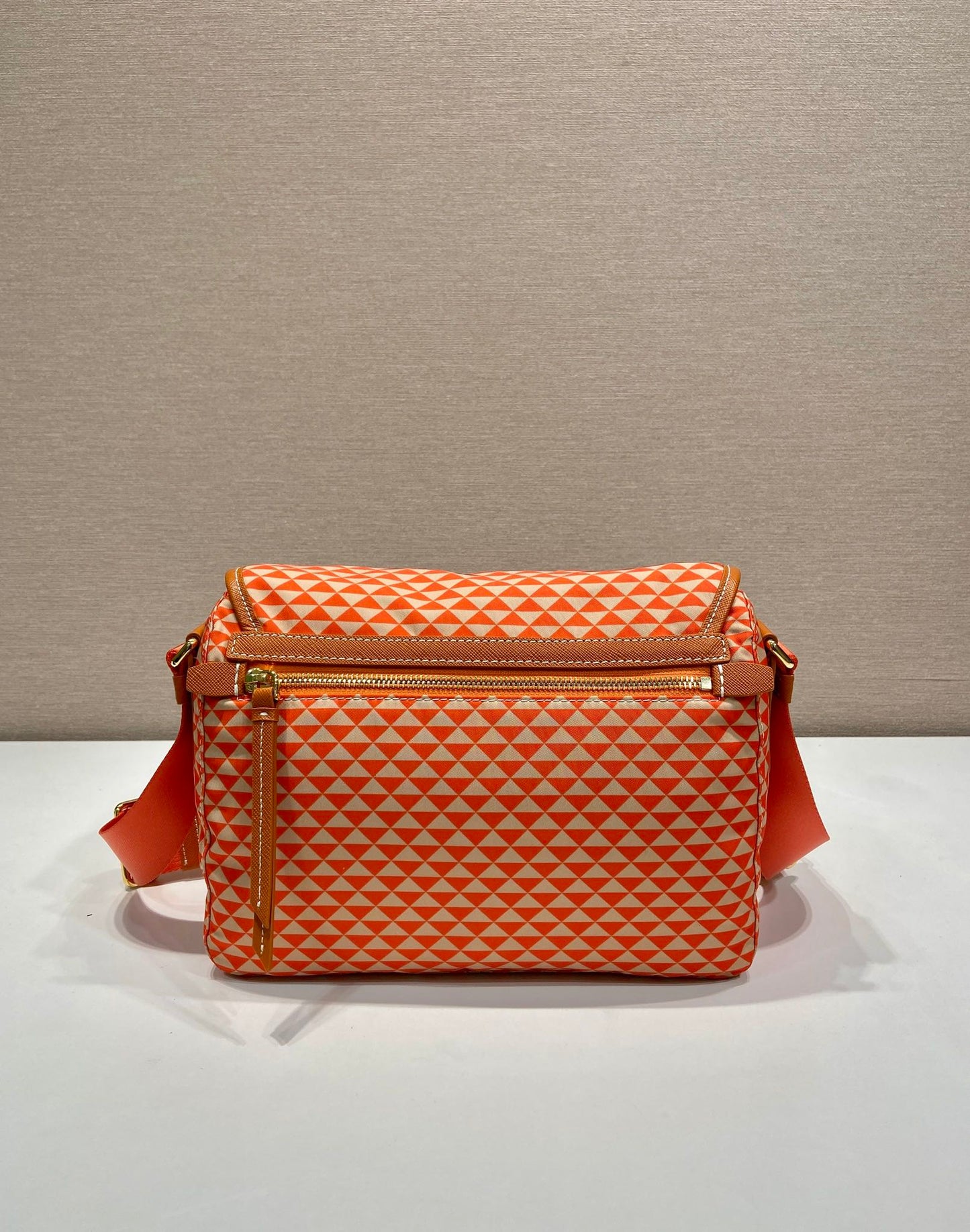 Luxury PradaMESSENGER BAG 25 IN ORANGE MIX CREAM TRIANGLE PATTERN EMBROIDERED FABRIC