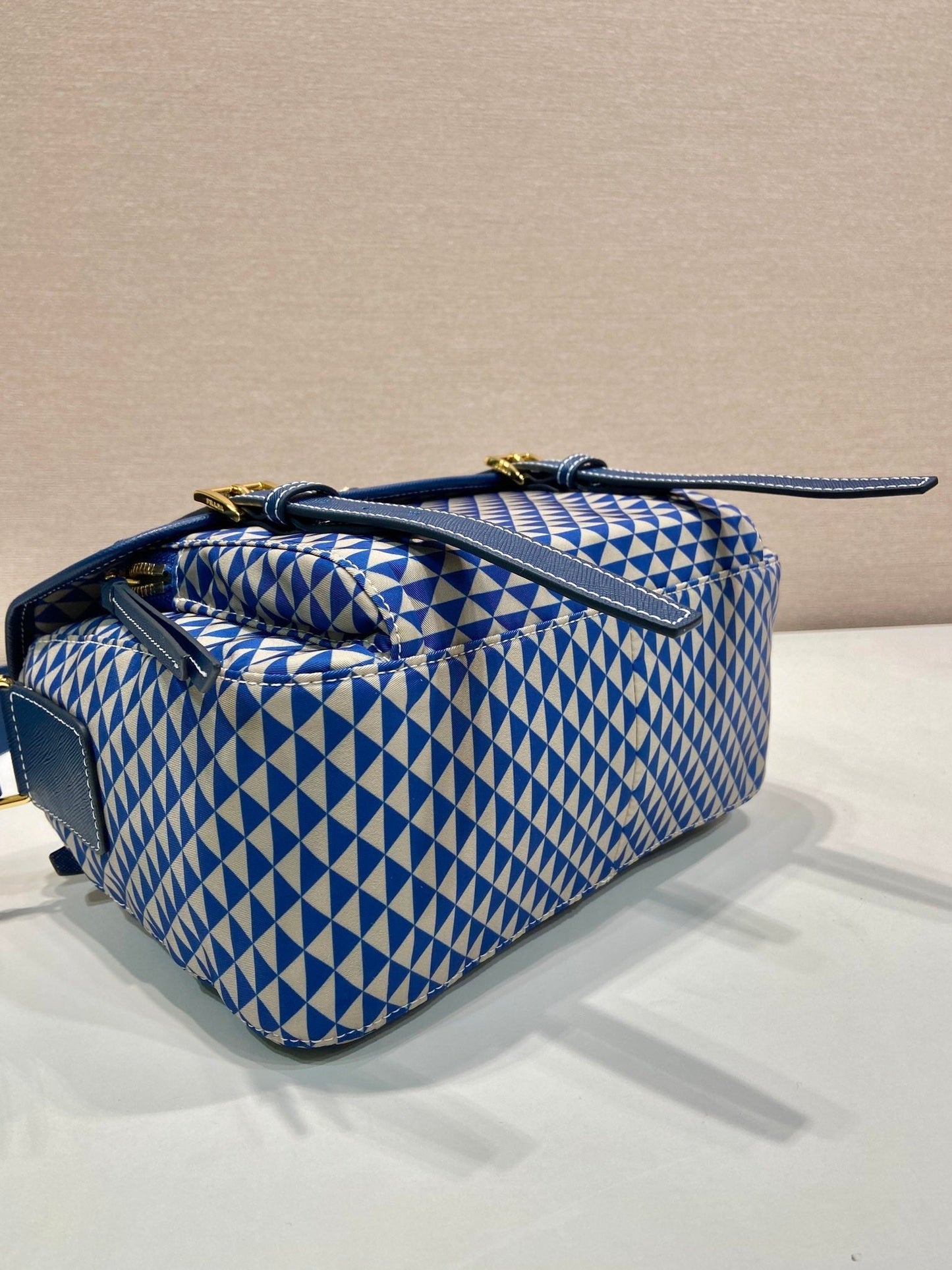 Luxury PradaMESSENGER BAG 25 IN BLUE MIX WHITE TRIANGLE PATTERN EMBROIDERED FABRIC