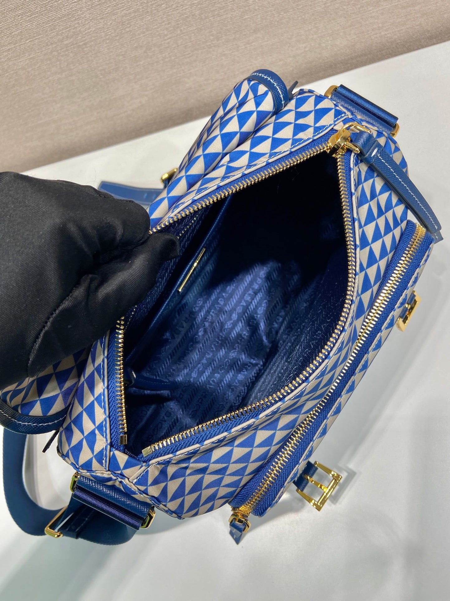 Luxury PradaMESSENGER BAG 25 IN BLUE MIX WHITE TRIANGLE PATTERN EMBROIDERED FABRIC