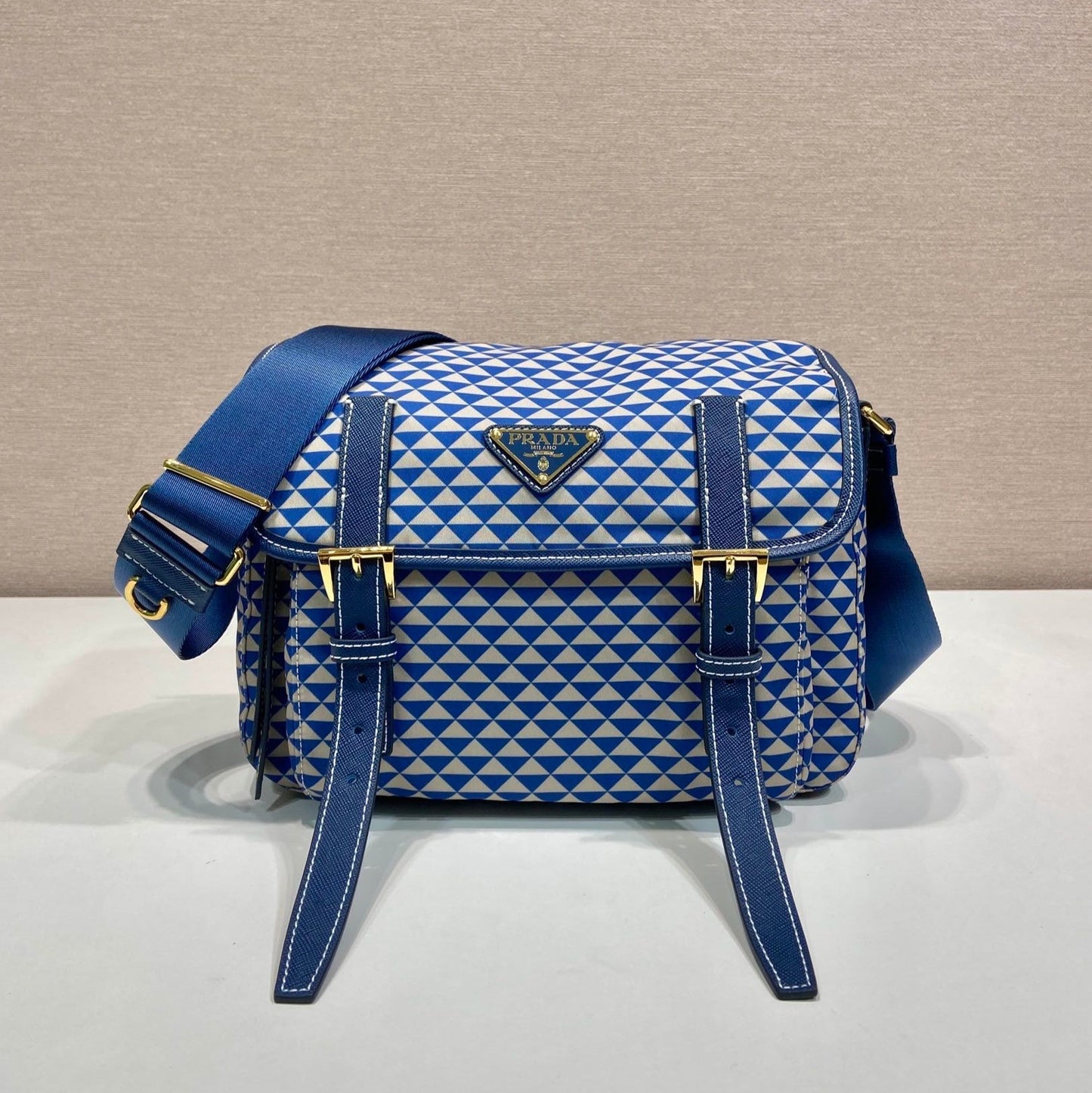 Luxury PradaMESSENGER BAG 25 IN BLUE MIX WHITE TRIANGLE PATTERN EMBROIDERED FABRIC