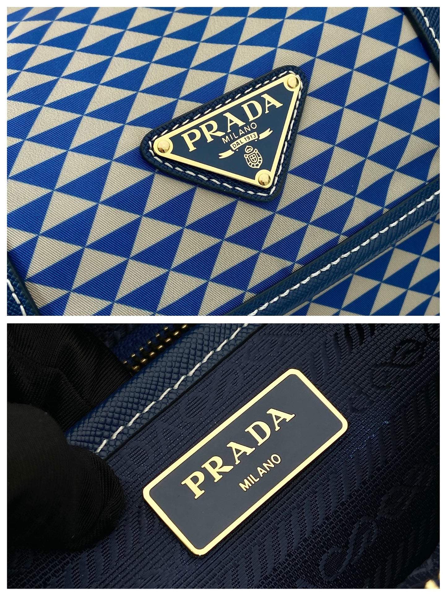 Luxury PradaMESSENGER BAG 25 IN BLUE MIX WHITE TRIANGLE PATTERN EMBROIDERED FABRIC