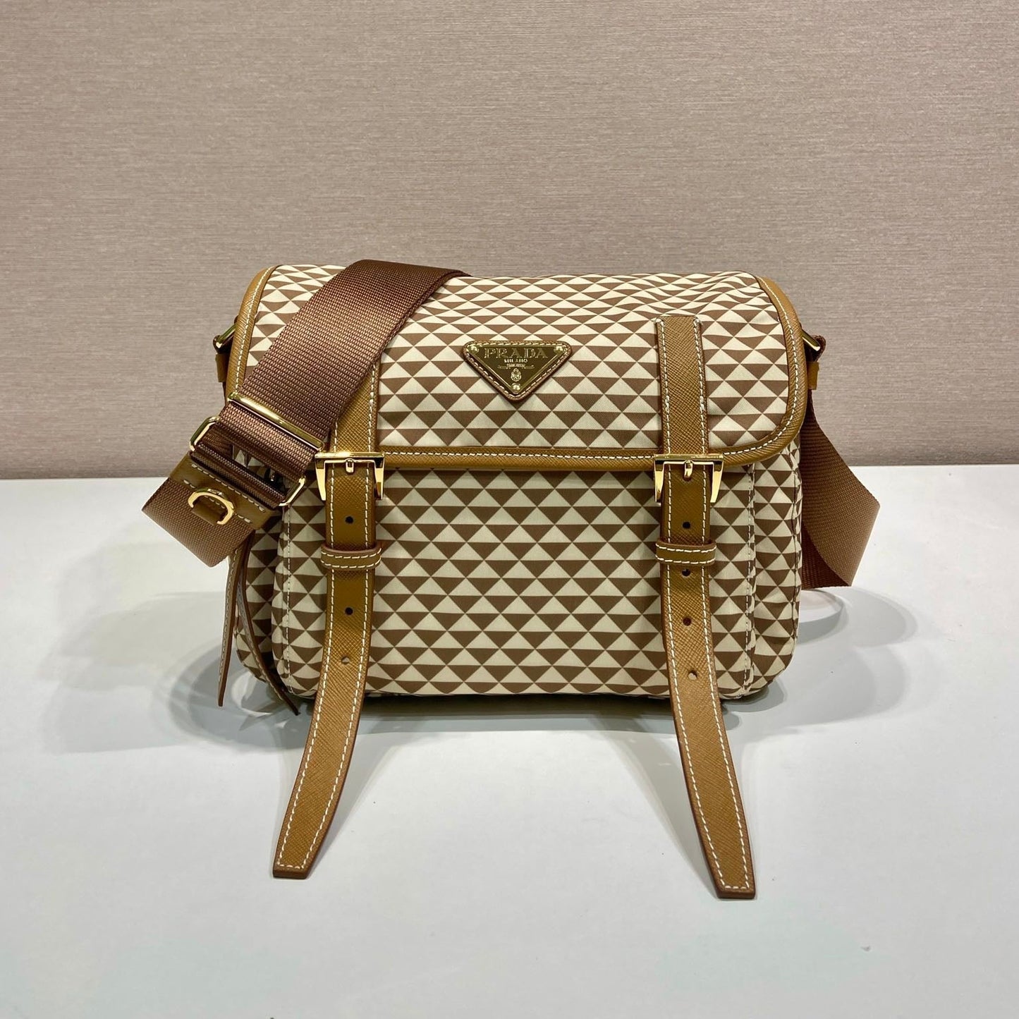 Luxury PradaMESSENGER BAG 25 IN BROWN MIX CREAM TRIANGLE PATTERN EMBROIDERED FABRIC