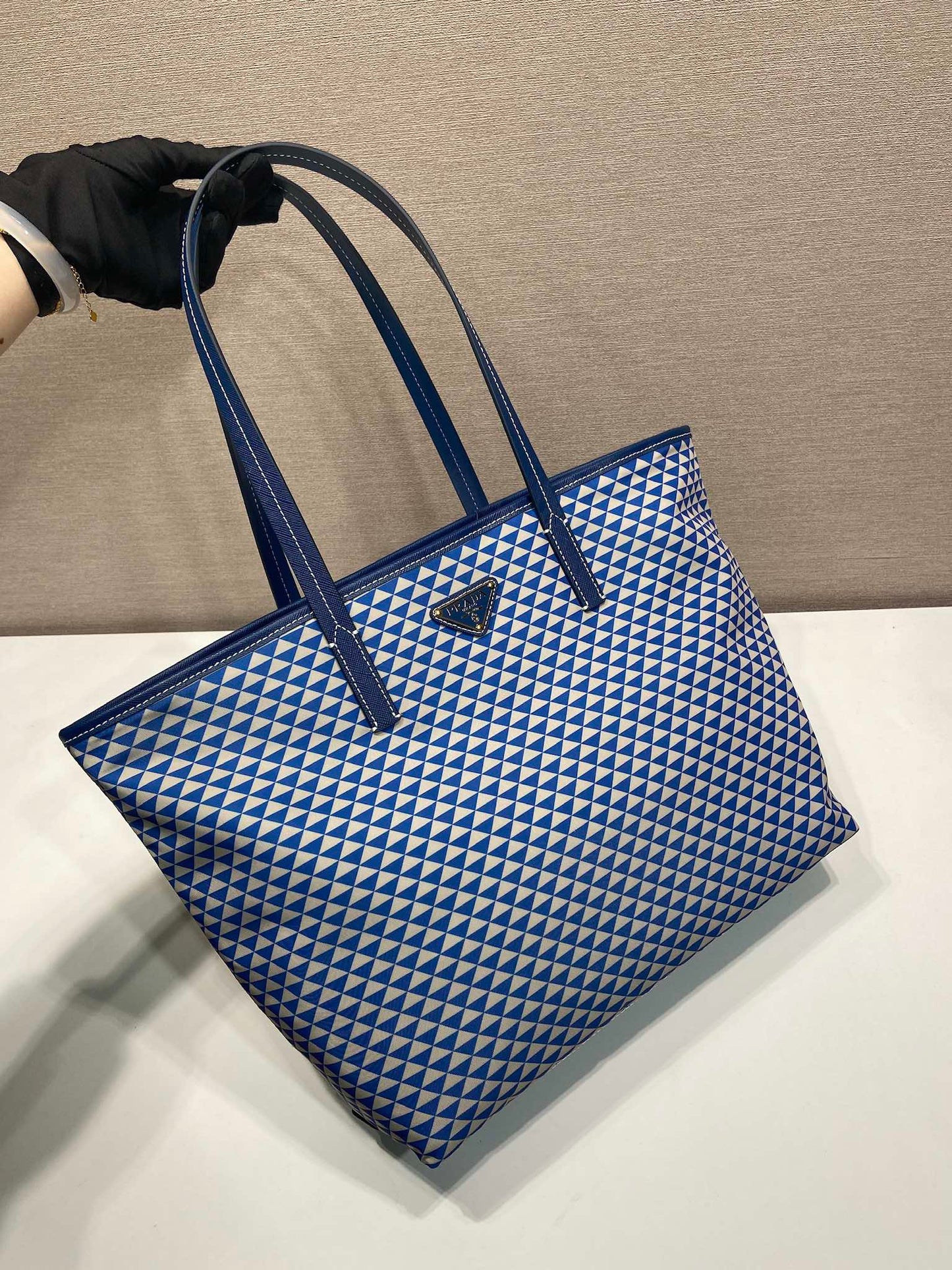 Luxury PradaTOTE BAG 33 IN BLUE MIX WHITE TRIANGLE PATTERN EMBROIDERED FABRIC