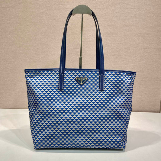 Luxury PradaTOTE BAG 33 IN BLUE MIX WHITE TRIANGLE PATTERN EMBROIDERED FABRIC