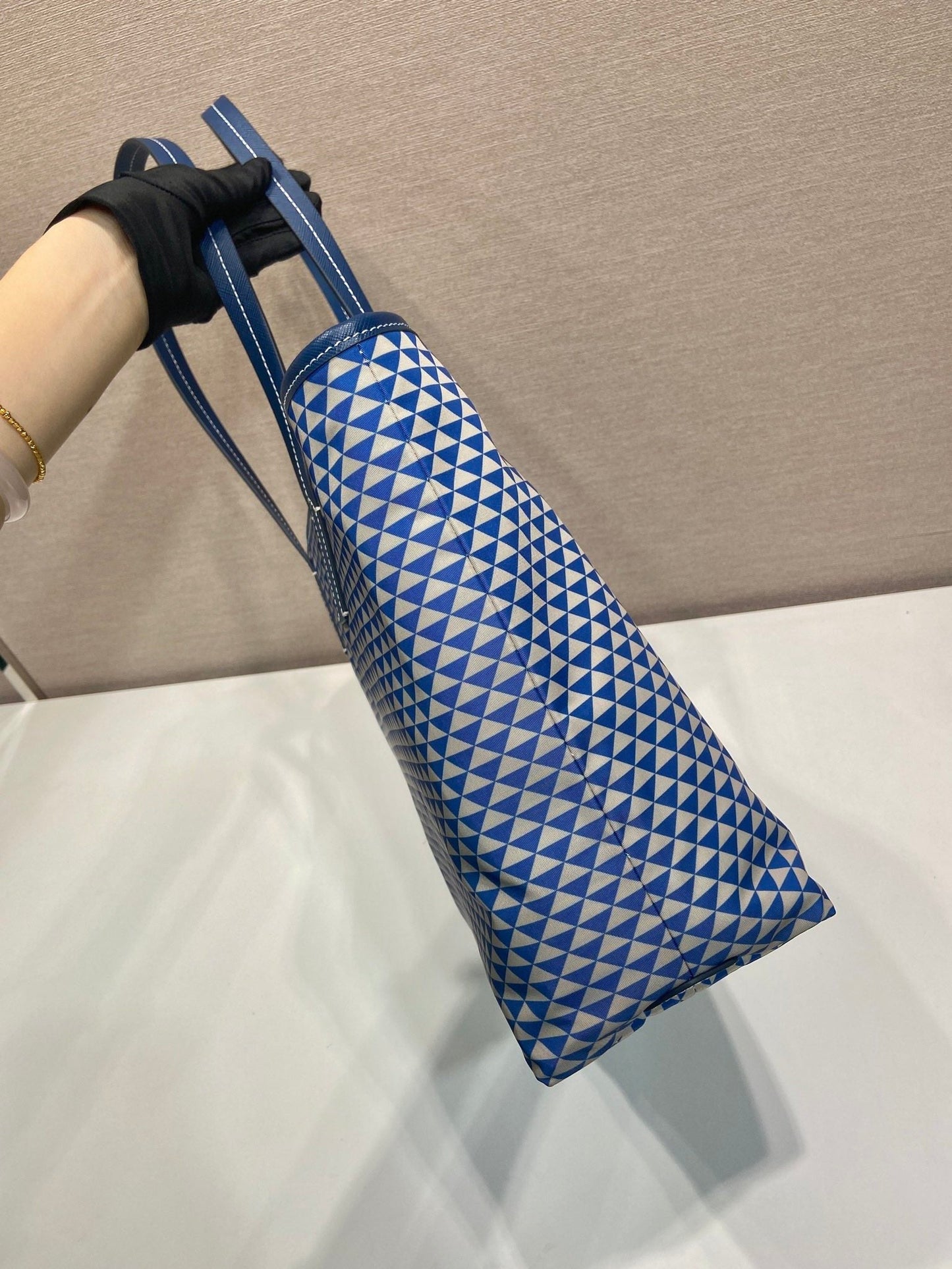 Luxury PradaTOTE BAG 33 IN BLUE MIX WHITE TRIANGLE PATTERN EMBROIDERED FABRIC