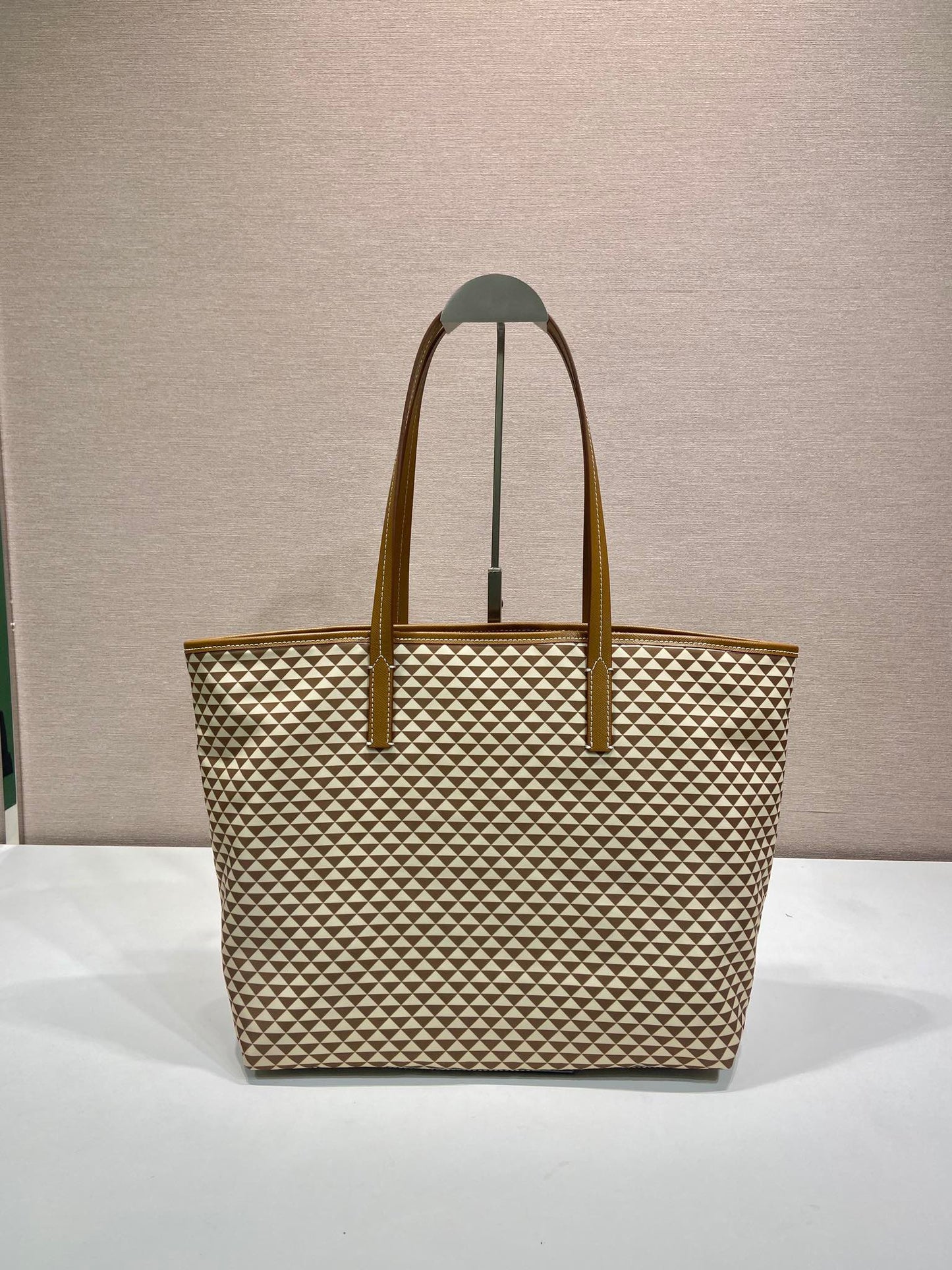 Luxury PradaTOTE BAG 33 IN BROWN MIX CREAM TRIANGLE PATTERN EMBROIDERED FABRIC