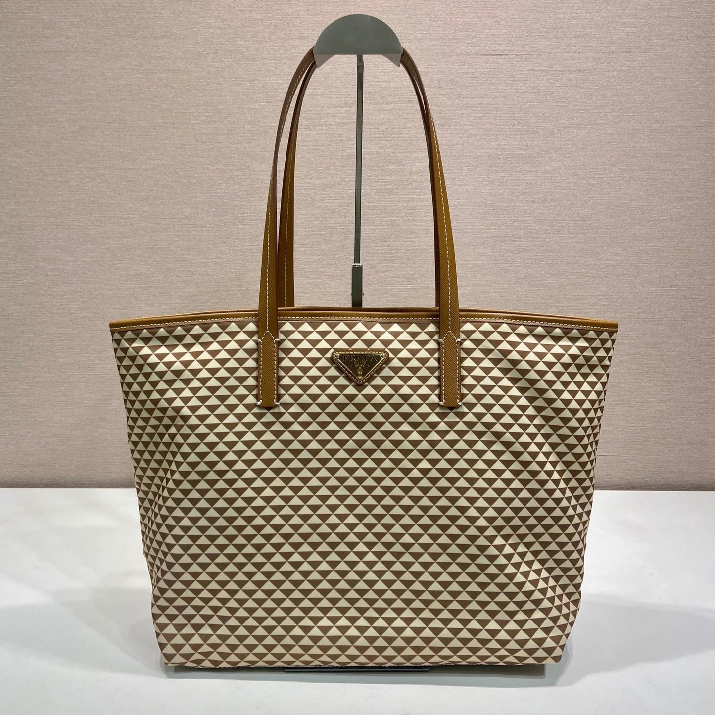 Luxury PradaTOTE BAG 33 IN BROWN MIX CREAM TRIANGLE PATTERN EMBROIDERED FABRIC