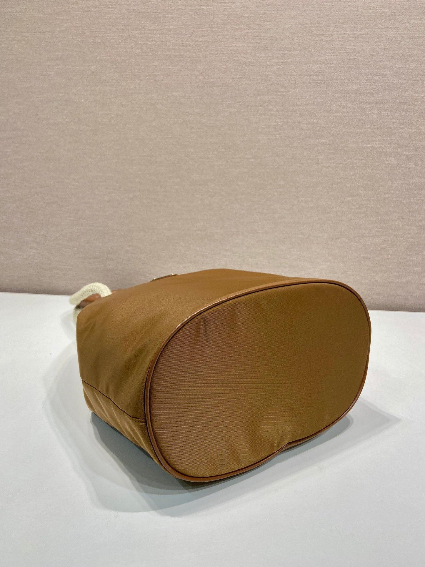 Luxury PradaBUCKET BAG 28 IN SEPIA BROWN RE-NYLON GOLD LOGO
