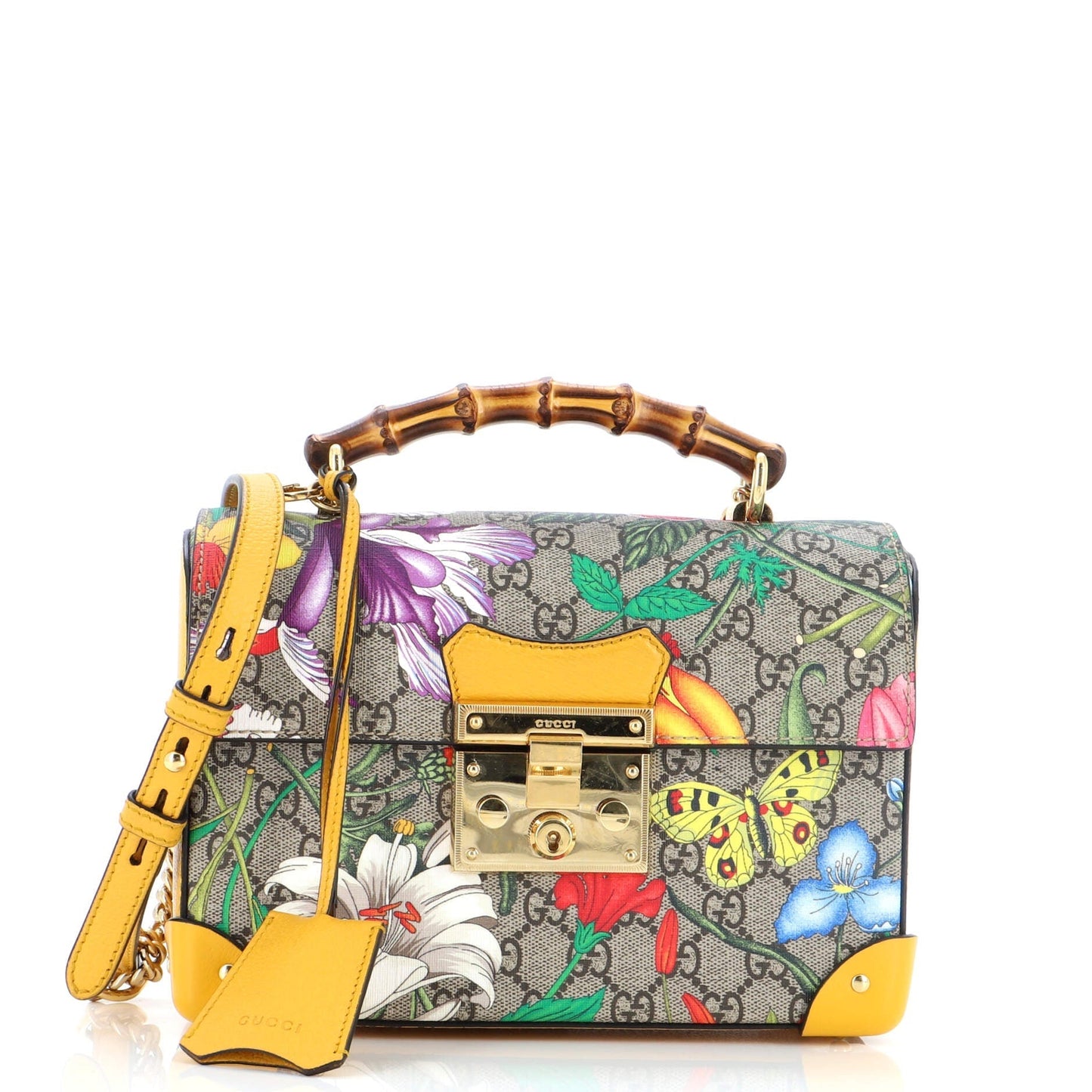 Luxury Gucci Trending 2025 Padlock Bamboo Shoulder Bag Flora GG Coated Canvas Small