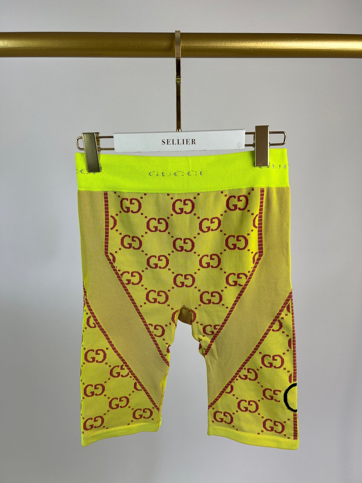 Luxury Gucci Neon Yellow Interlocking G Jacquard Cycling Shorts Size S (UK 8)  466