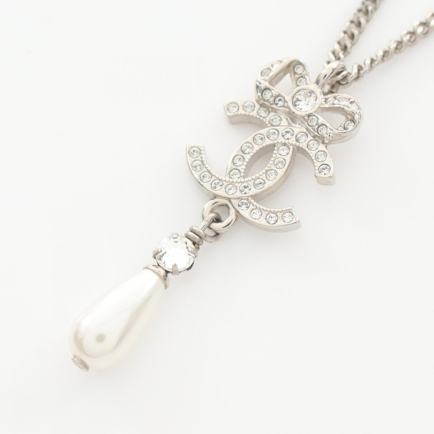 Chanel Coco Mark Necklace Stainless Steel Faux Pearl Rhinestone