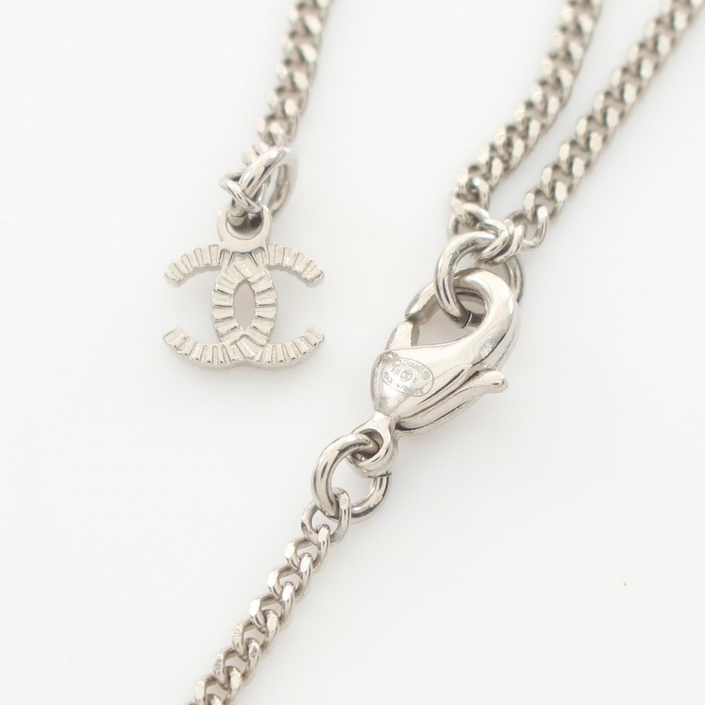 Chanel Coco Mark Necklace Stainless Steel Faux Pearl Rhinestone