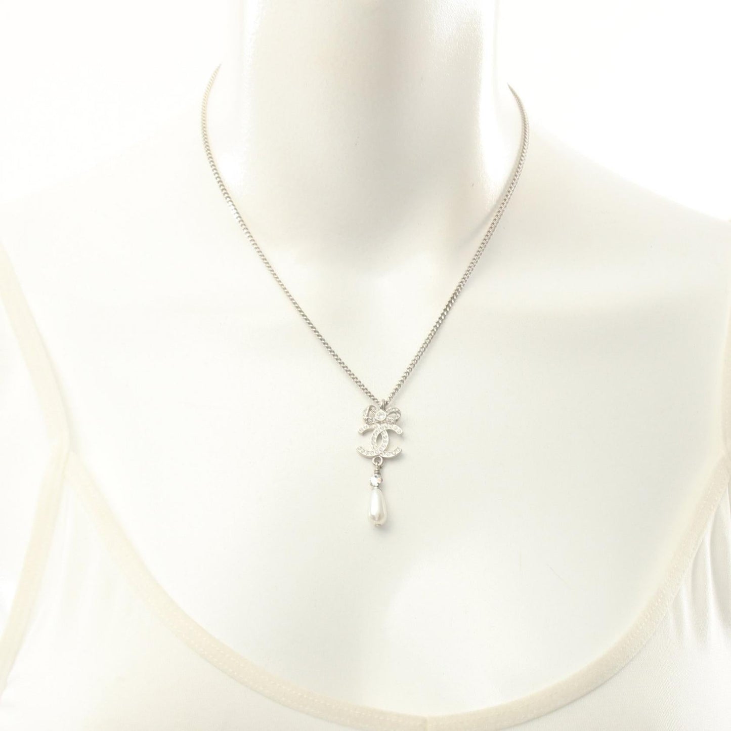 Chanel Coco Mark Necklace Stainless Steel Faux Pearl Rhinestone