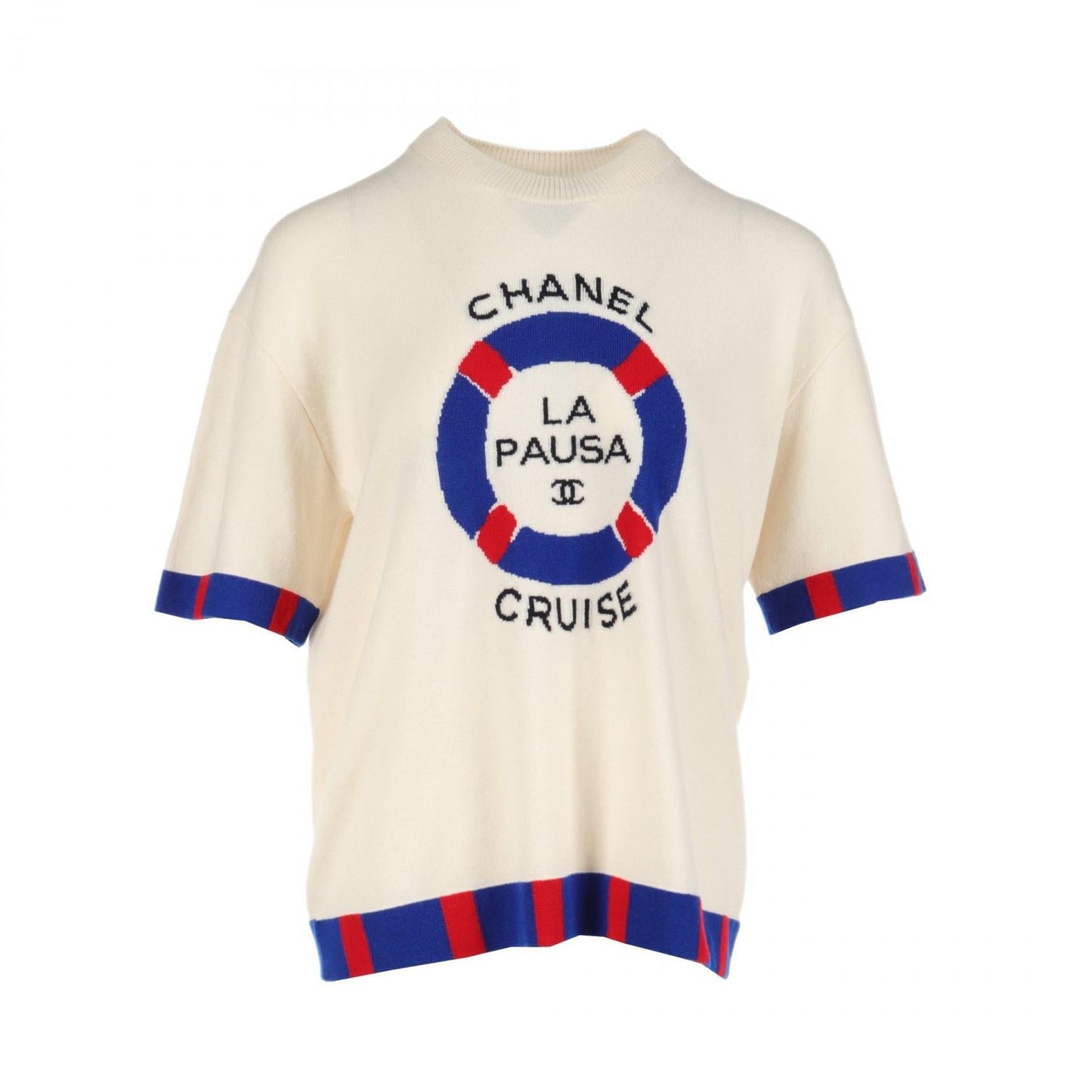 Chanel LA PAUSA Cashmere Knit Top Ivory/Blue/Red