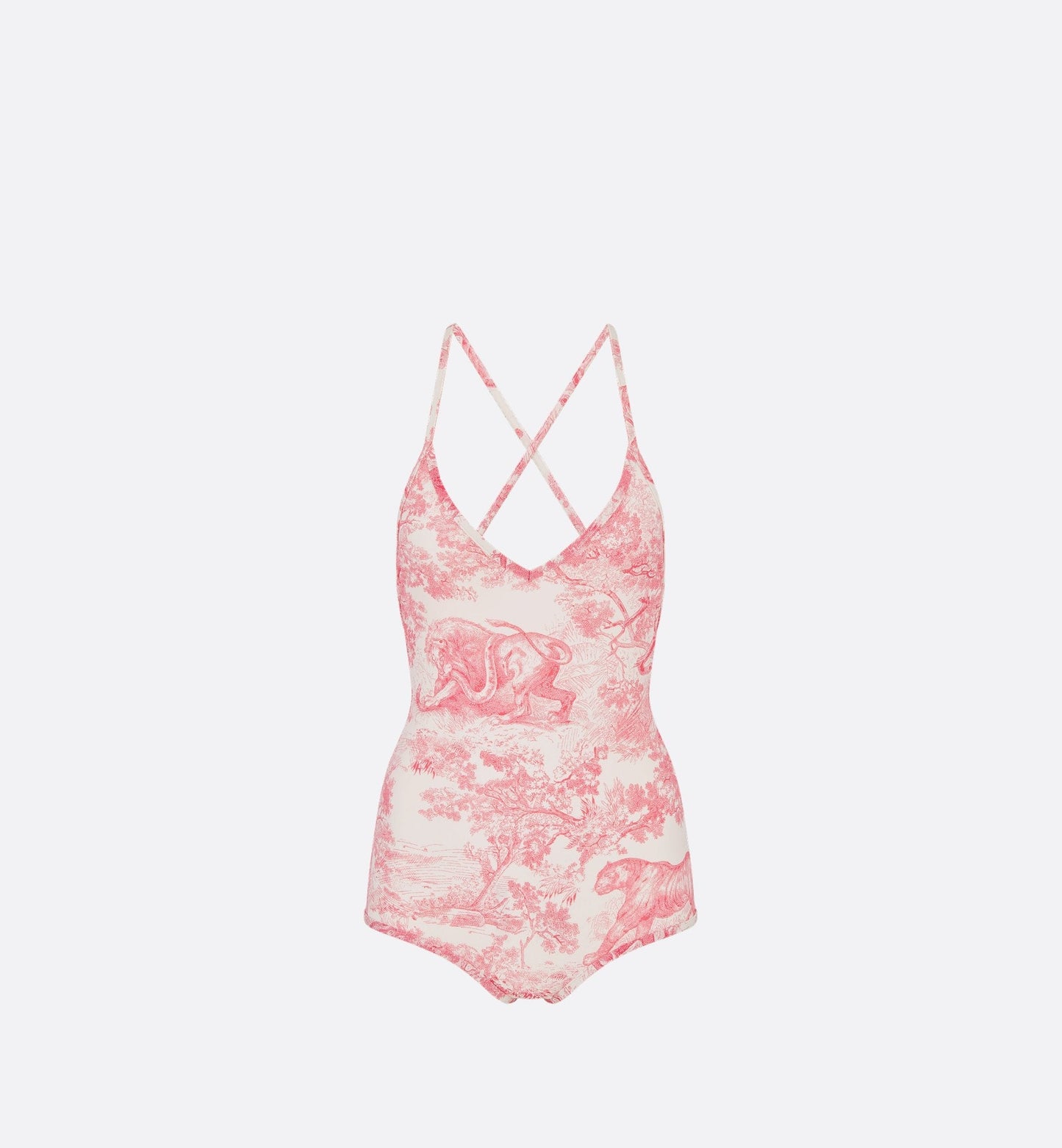 Luxury Dioriviera One Piece Swimsuit White And Candy Pink Technical Fabric With Toile De Jouy Sauvage Motif