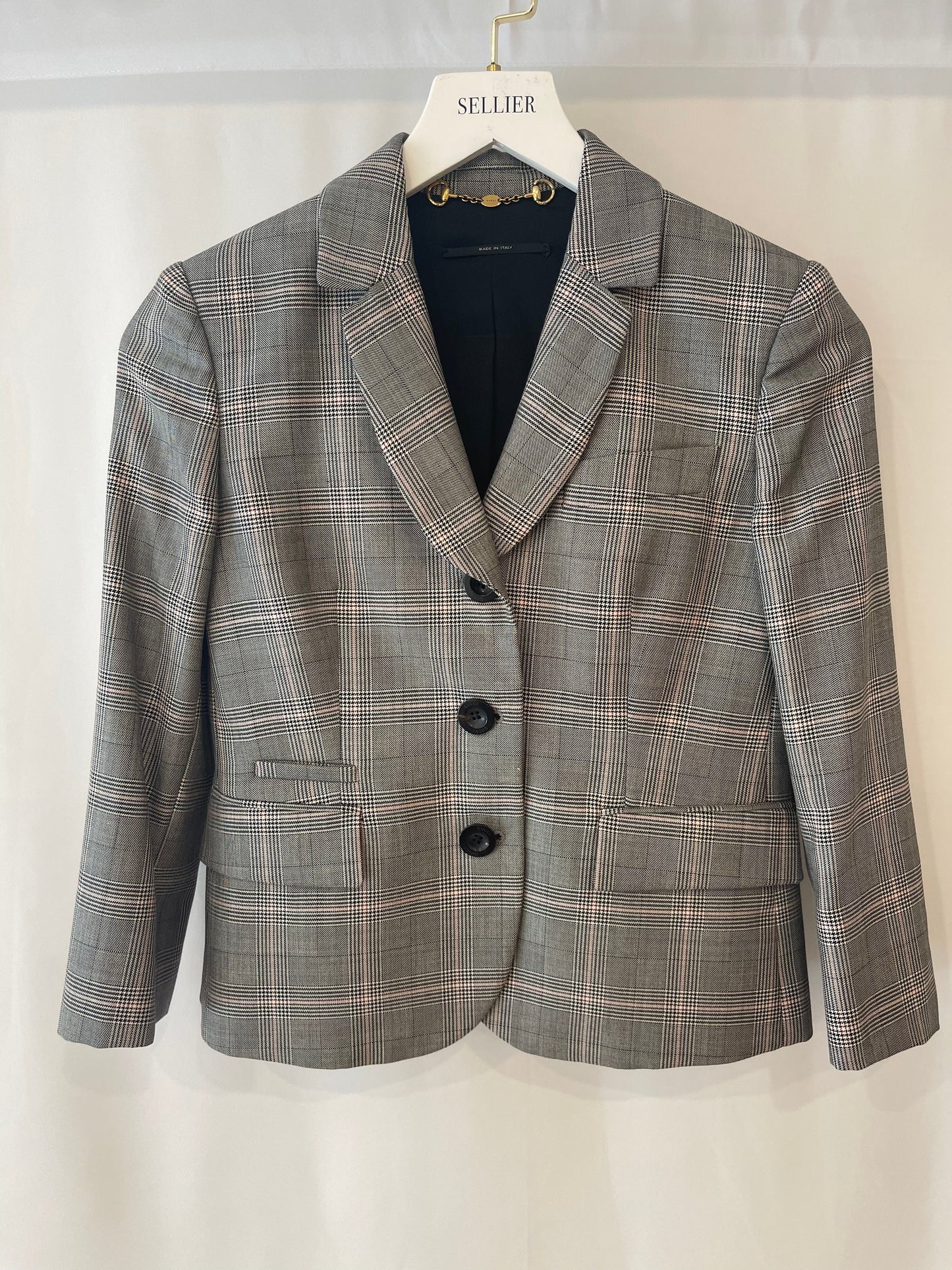 Luxury Gucci Grey Wool Checked Blazer Jacket with Logo Buttons Size IT 38 (UK 6)