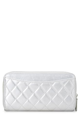 Chanel,  Silver Lambskin Zip Around Wallet, Silver