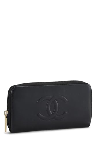 Chanel,  Black Calfskin Leather Zip Around Wallet, Black